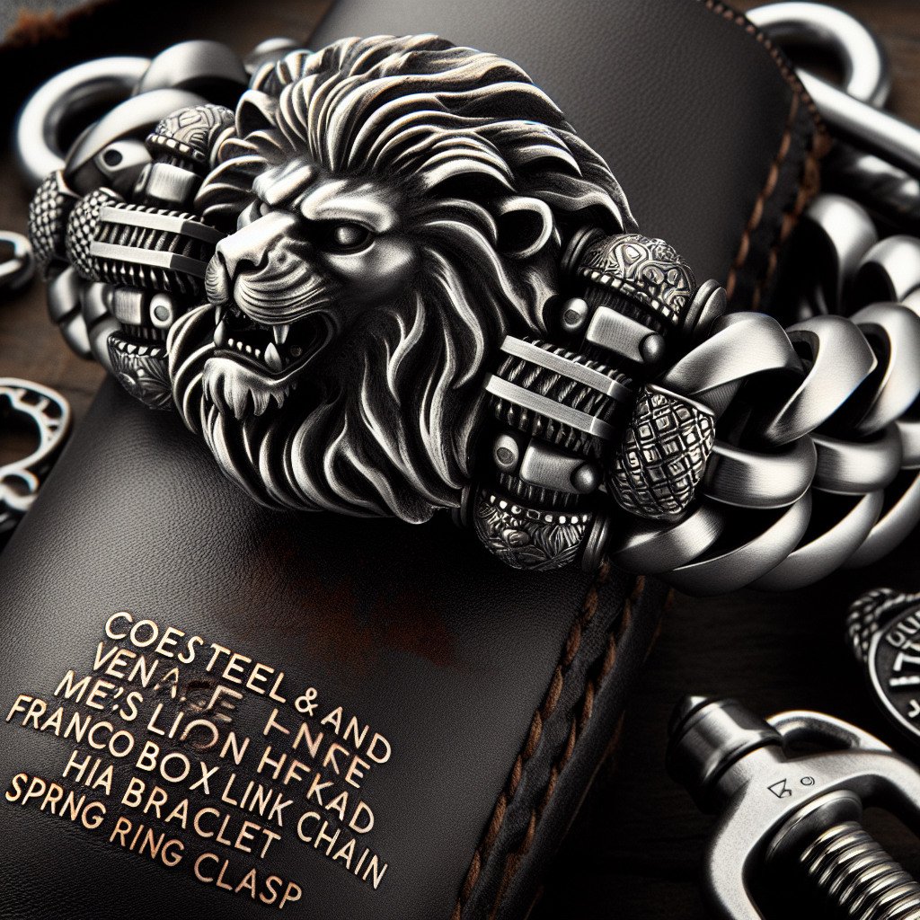COOLSTEELANDBEYOND Vintage Biker Mens Steel King Lion Head Franco Box Link Chain Bracelet Spring Ring Clasp