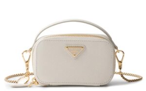 PRADA Saffiano Leather Mini Crossbody Bag White Gold Chain Charm Box & Cards