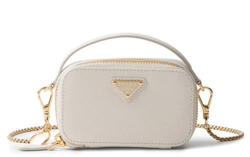 PRADA Saffiano Leather Mini Crossbody Bag White Gold Chain Charm Box & Cards