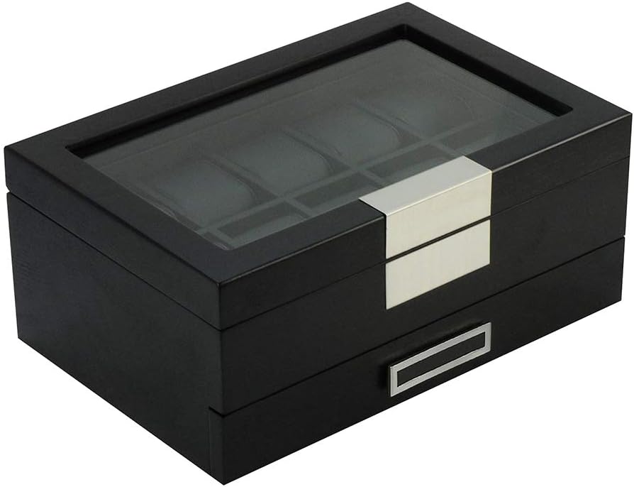 Black Wood Watch Storage Box with 10 Watch Slots & 1 Pull-Out Valet Drawer, Glass Lid Jewelry Organizer Case for watches, cufflinks, brooches, rings, tie clips, sunglasses and more - Image 4