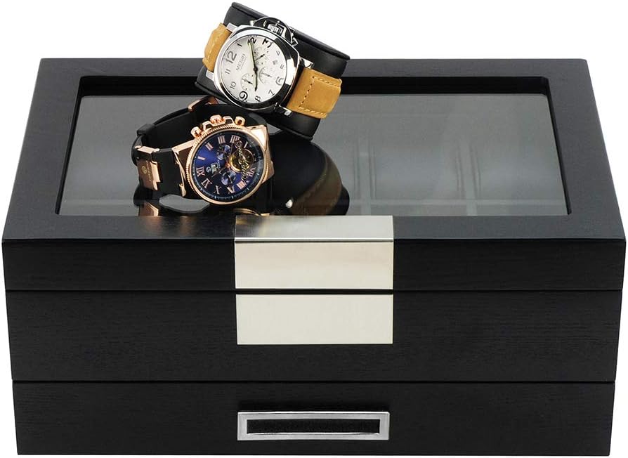 Black Wood Watch Storage Box with 10 Watch Slots & 1 Pull-Out Valet Drawer, Glass Lid Jewelry Organizer Case for watches, cufflinks, brooches, rings, tie clips, sunglasses and more - Image 7