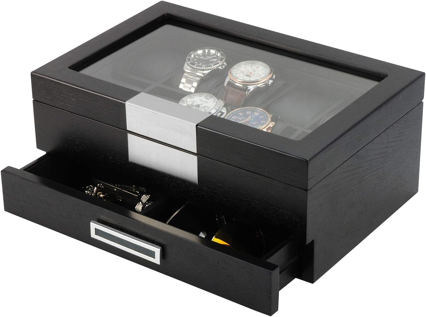 Black Wood Watch Storage Box with 10 Watch Slots & 1 Pull-Out Valet Drawer, Glass Lid Jewelry Organizer Case for watches, cufflinks, brooches, rings, tie clips, sunglasses and more - Image 2