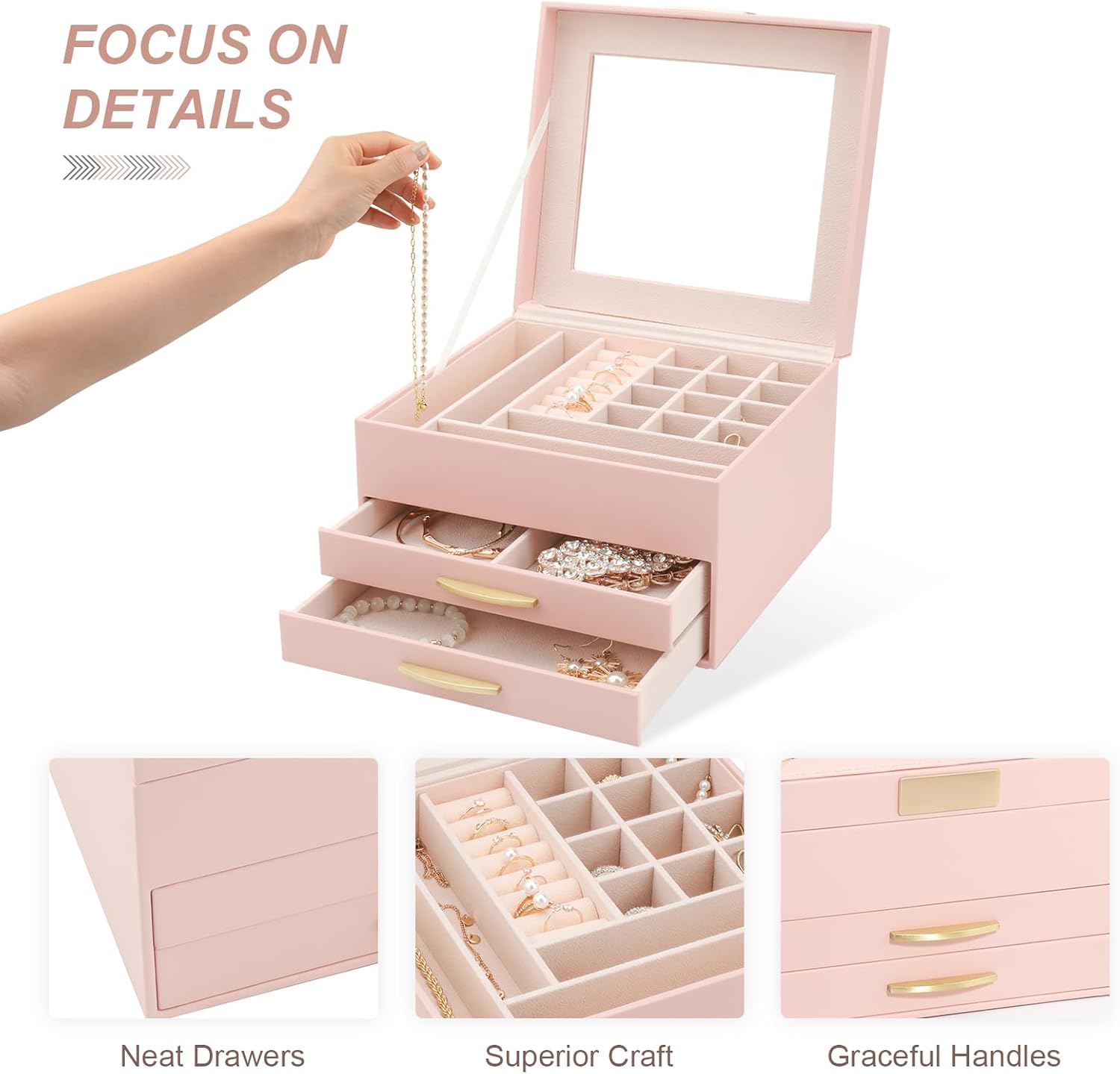 Jewelry Boxes for Women, Jewelry Box for Female Jewelry Organizer, Jewelry Set Box for Earrings Necklaces Rings Bracelets Watches, Glass Lid Pink - Image 4