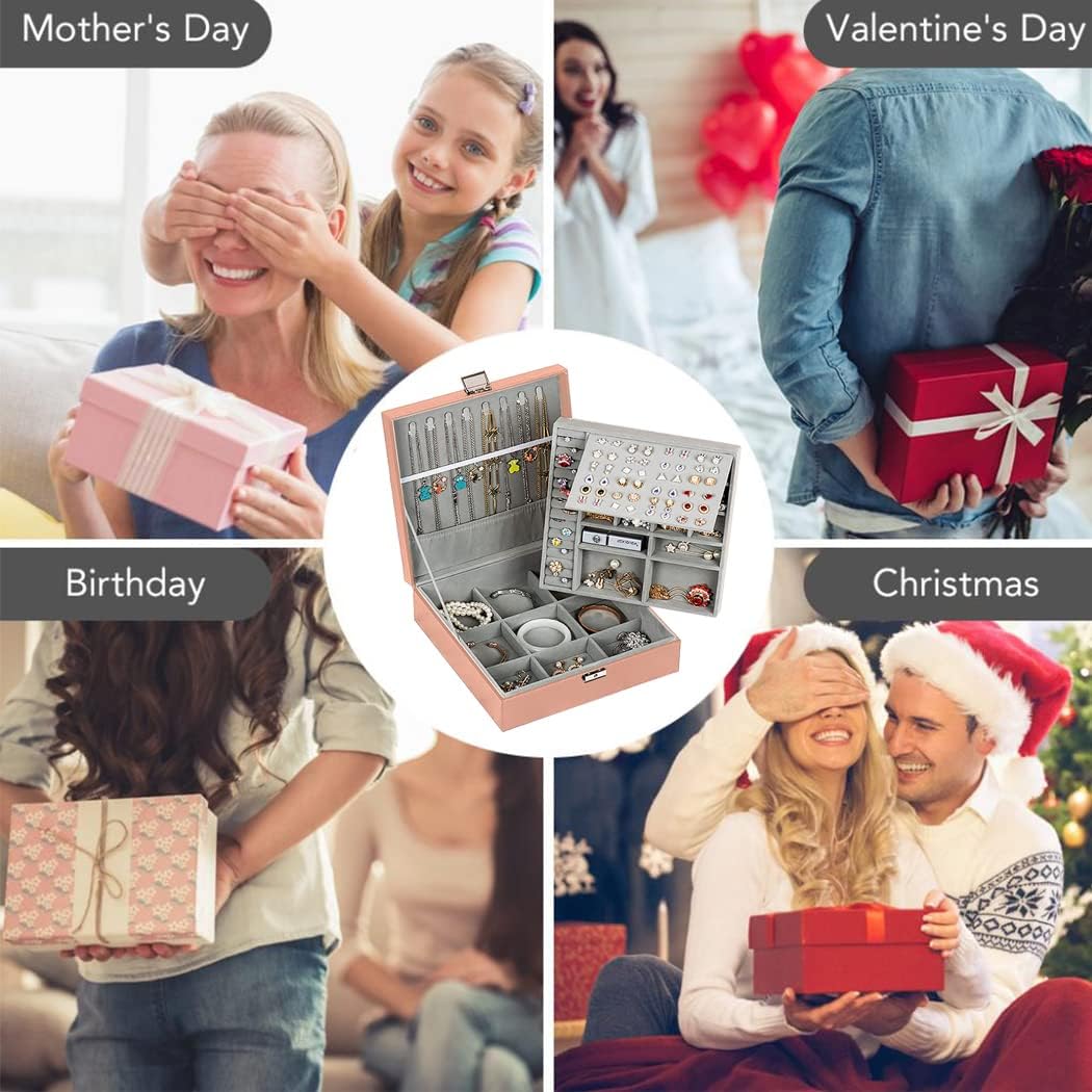 Pink Jewelry Organizer - 2 Layer - PU Leather Travel Jewelry Case with Lock, Elegant Jewelry Storage Box for Women & Girls - Image 5