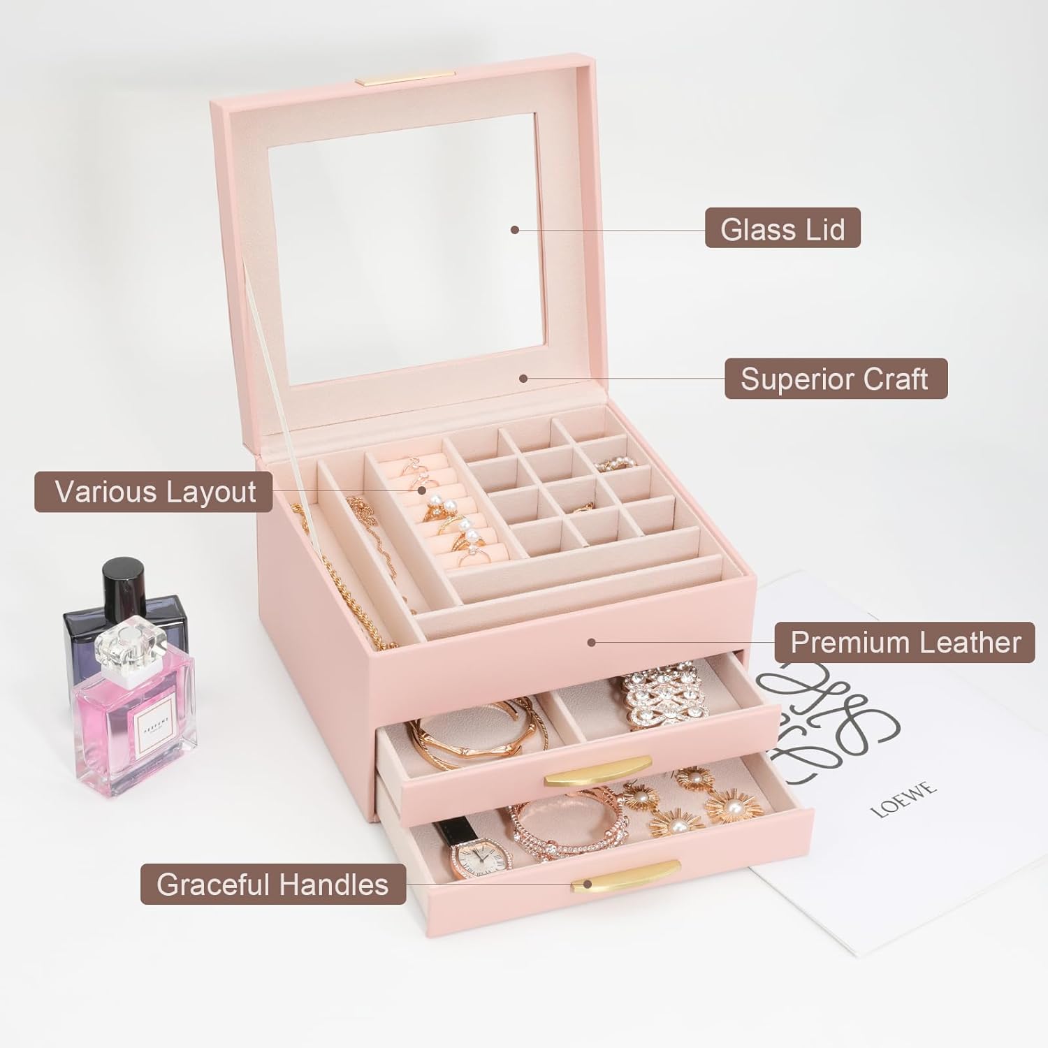 Jewelry Boxes for Women, Jewelry Box for Female Jewelry Organizer, Jewelry Set Box for Earrings Necklaces Rings Bracelets Watches, Glass Lid Pink - Image 5