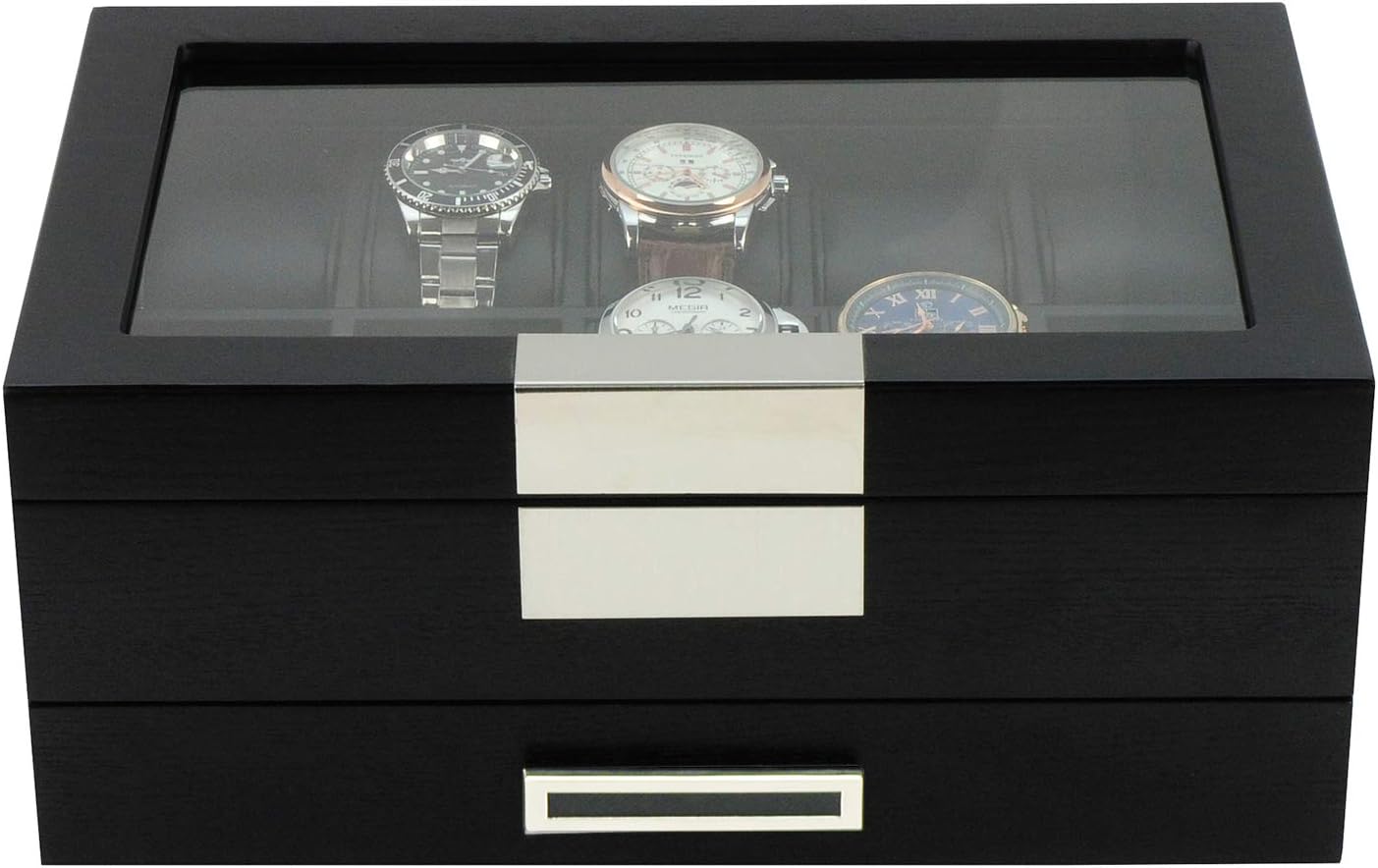Black Wood Watch Storage Box with 10 Watch Slots & 1 Pull-Out Valet Drawer, Glass Lid Jewelry Organizer Case for watches, cufflinks, brooches, rings, tie clips, sunglasses and more - Image 6