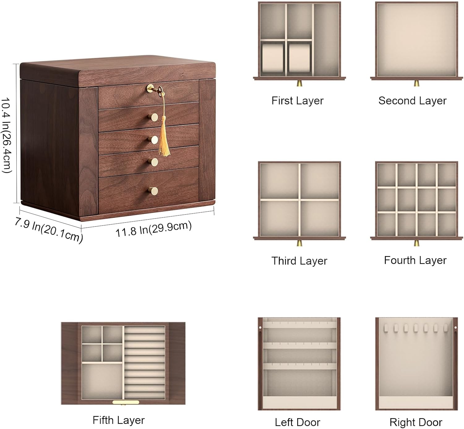 Black Walnut Wooden Jewelry Box, 5 Layer Wood Jewelry Organizer with 2 Side Doors Mirror Lockable Classical Style for Watch Necklace Ring Earring Storage Christmas Gifts For Women - Image 4