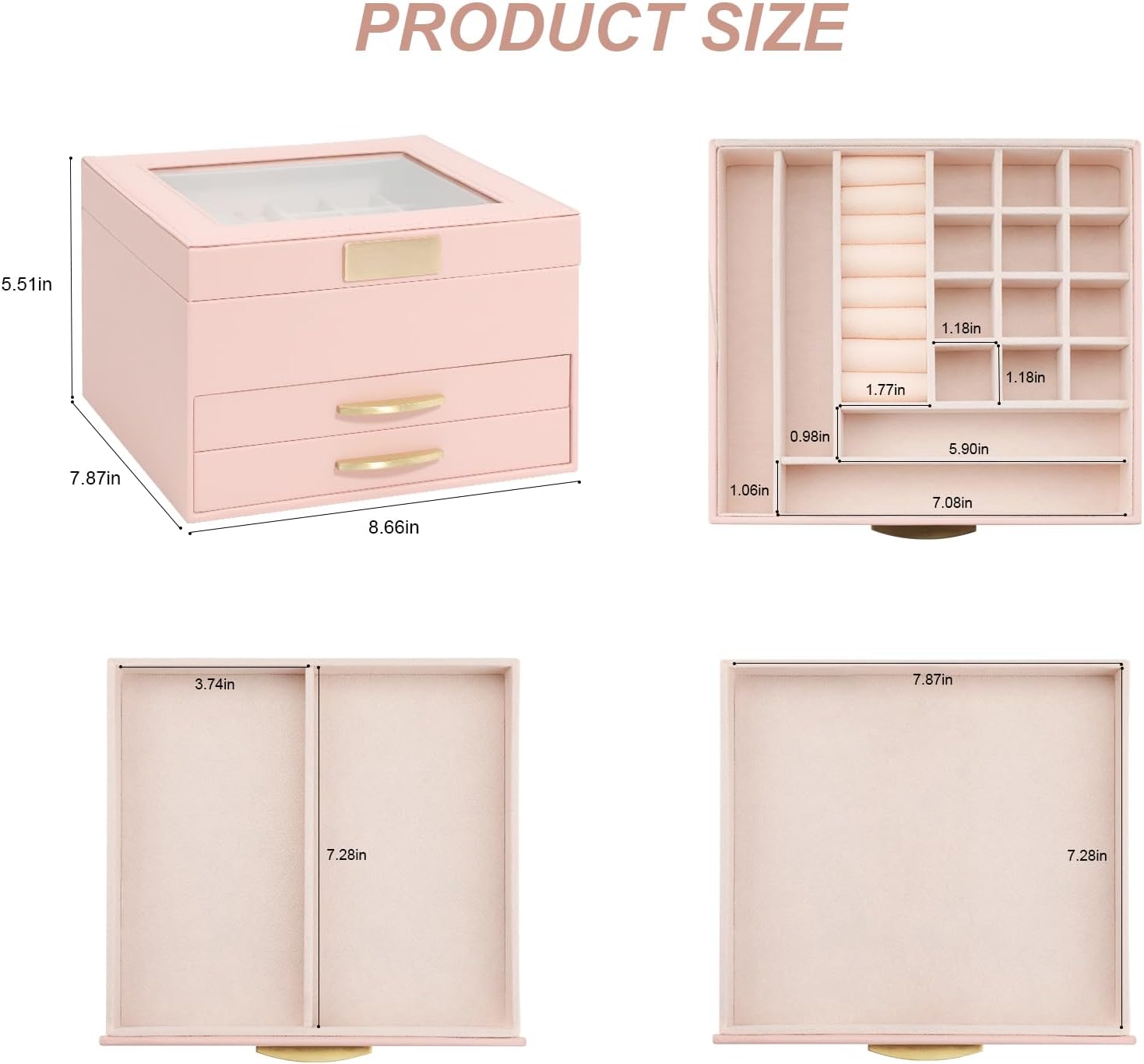 Jewelry Boxes for Women, Jewelry Box for Female Jewelry Organizer, Jewelry Set Box for Earrings Necklaces Rings Bracelets Watches, Glass Lid Pink - Image 7