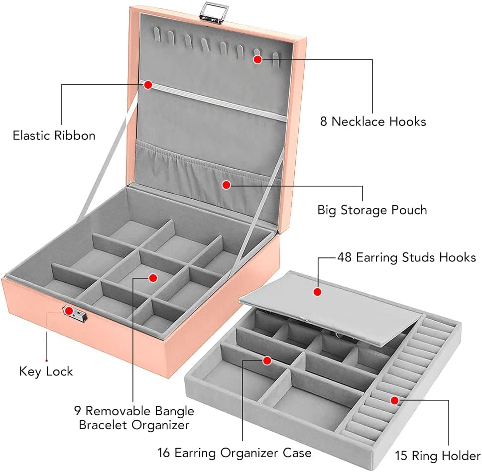 Pink Jewelry Organizer - 2 Layer - PU Leather Travel Jewelry Case with Lock, Elegant Jewelry Storage Box for Women & Girls - Image 2