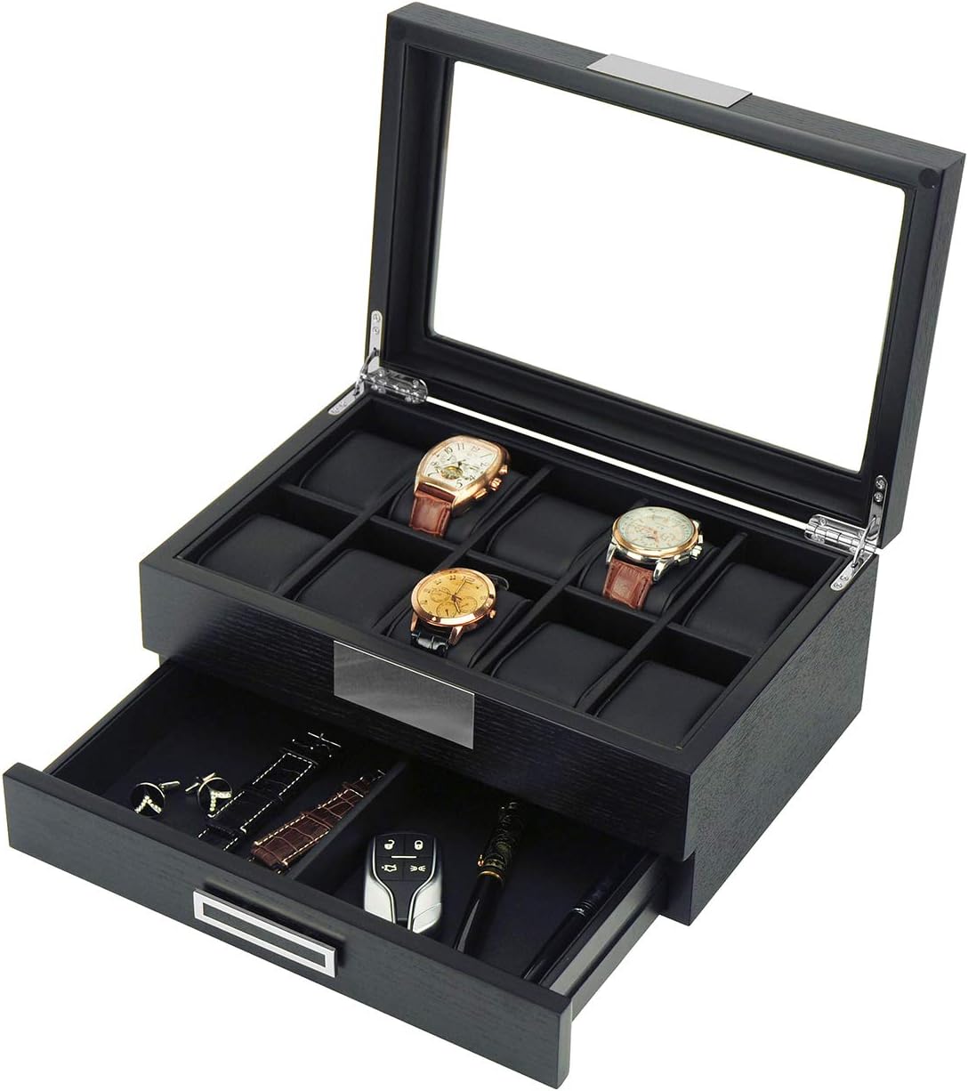 Black Wood Watch Storage Box with 10 Watch Slots & 1 Pull-Out Valet Drawer, Glass Lid Jewelry Organizer Case for watches, cufflinks, brooches, rings, tie clips, sunglasses and more - Image 3