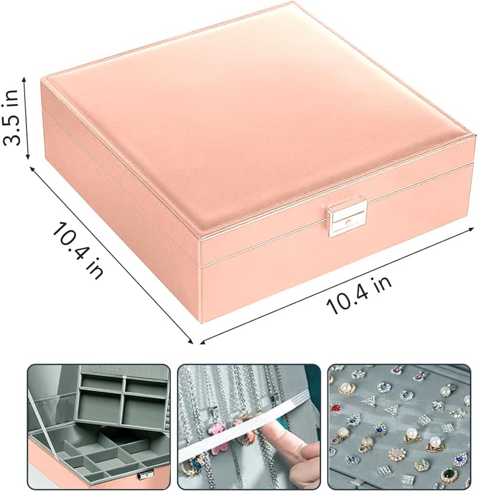 Pink Jewelry Organizer - 2 Layer - PU Leather Travel Jewelry Case with Lock, Elegant Jewelry Storage Box for Women & Girls - Image 4