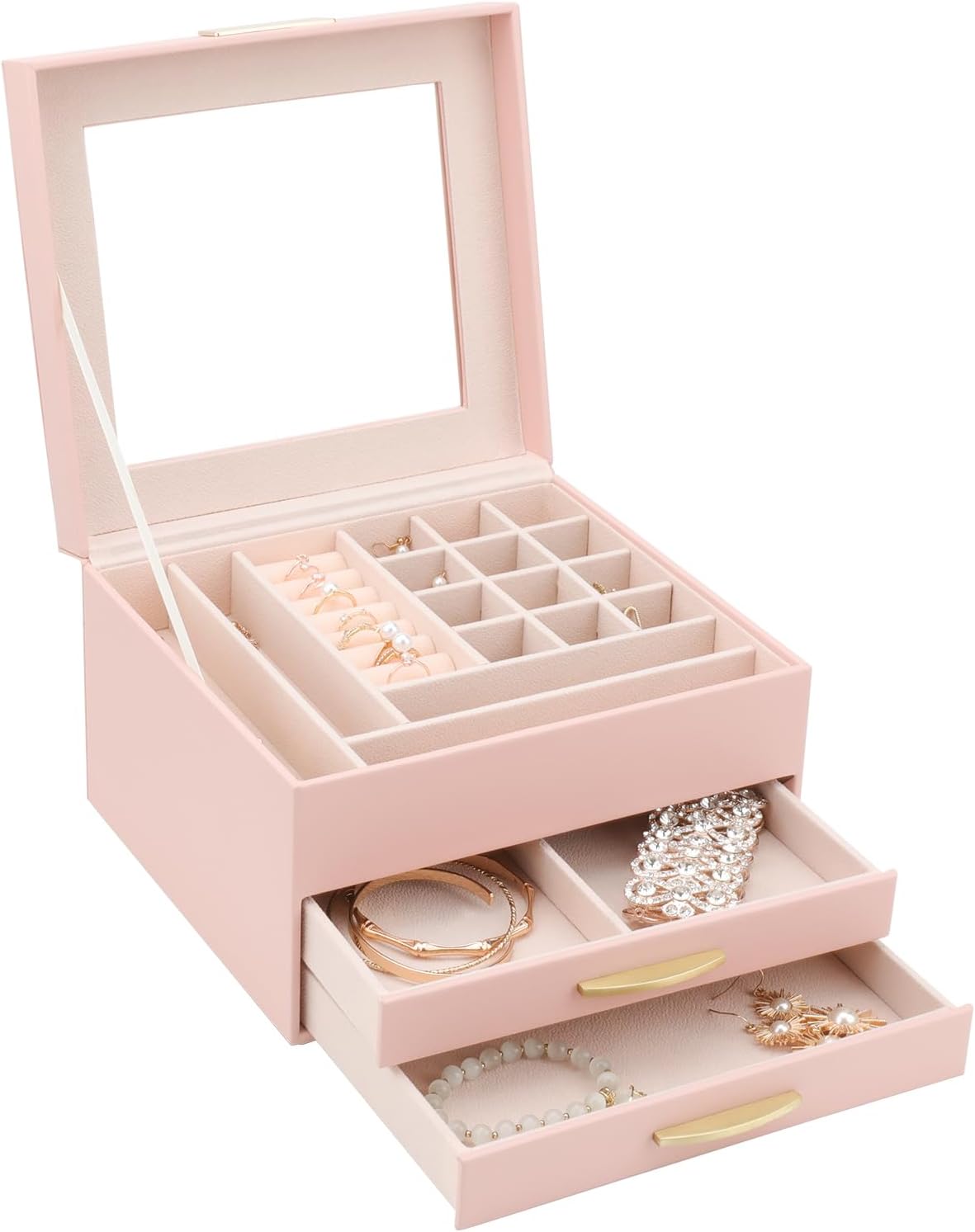 Jewelry Boxes for Women, Jewelry Box for Female Jewelry Organizer, Jewelry Set Box for Earrings Necklaces Rings Bracelets Watches, Glass Lid Pink - Image 2