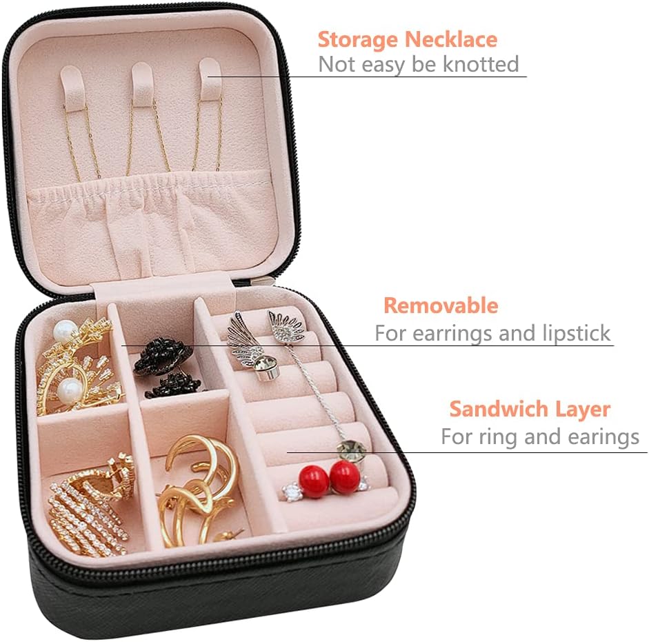 Mini Jewelry Travel Case,Small Travel Jewelry Organizer, Portable Jewelry Box Travel Mini Storage Organizer Portable Display Storage Box For Rings Earrings Necklaces Gifts (Black) - Image 5