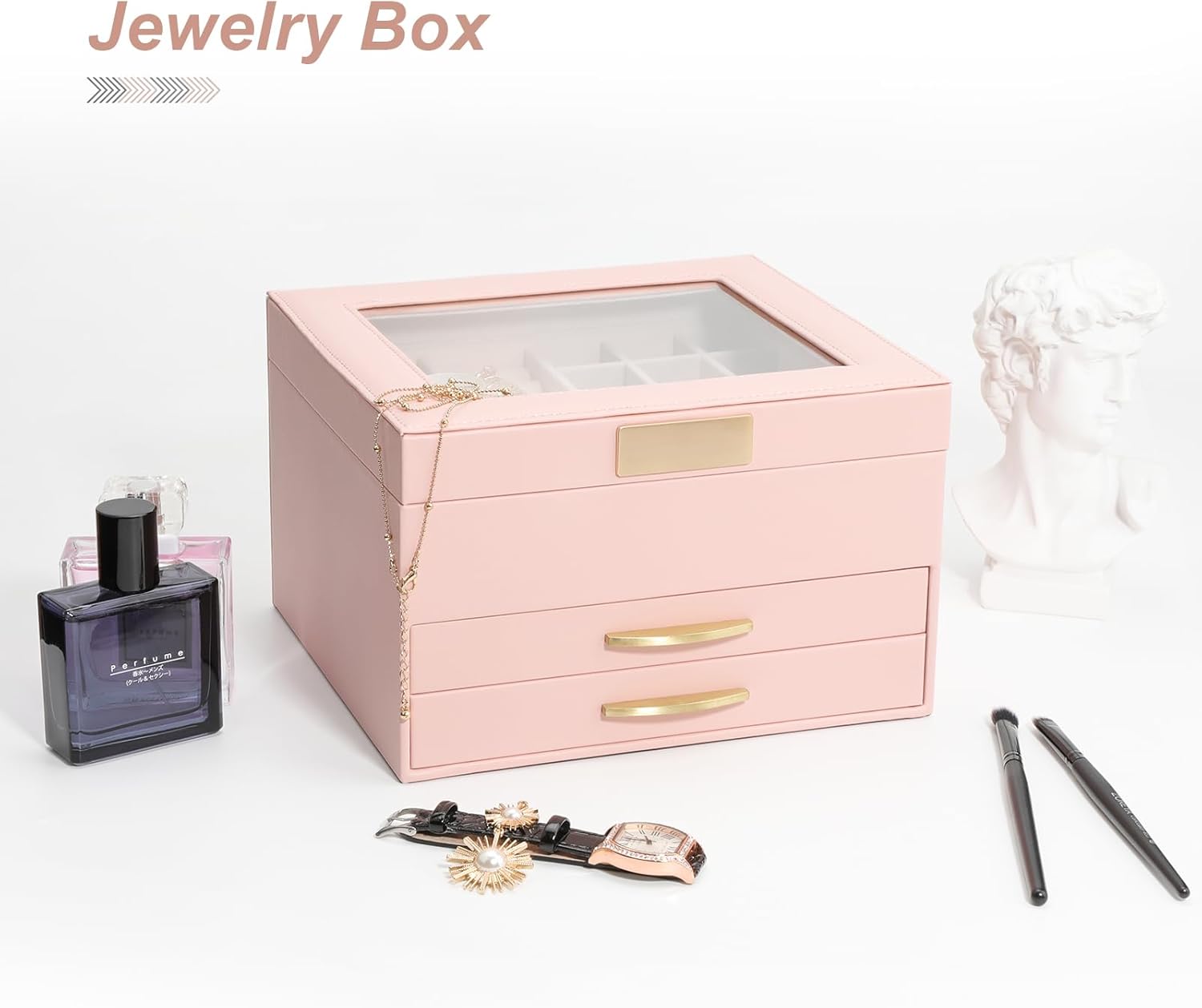 Jewelry Boxes for Women, Jewelry Box for Female Jewelry Organizer, Jewelry Set Box for Earrings Necklaces Rings Bracelets Watches, Glass Lid Pink - Image 6