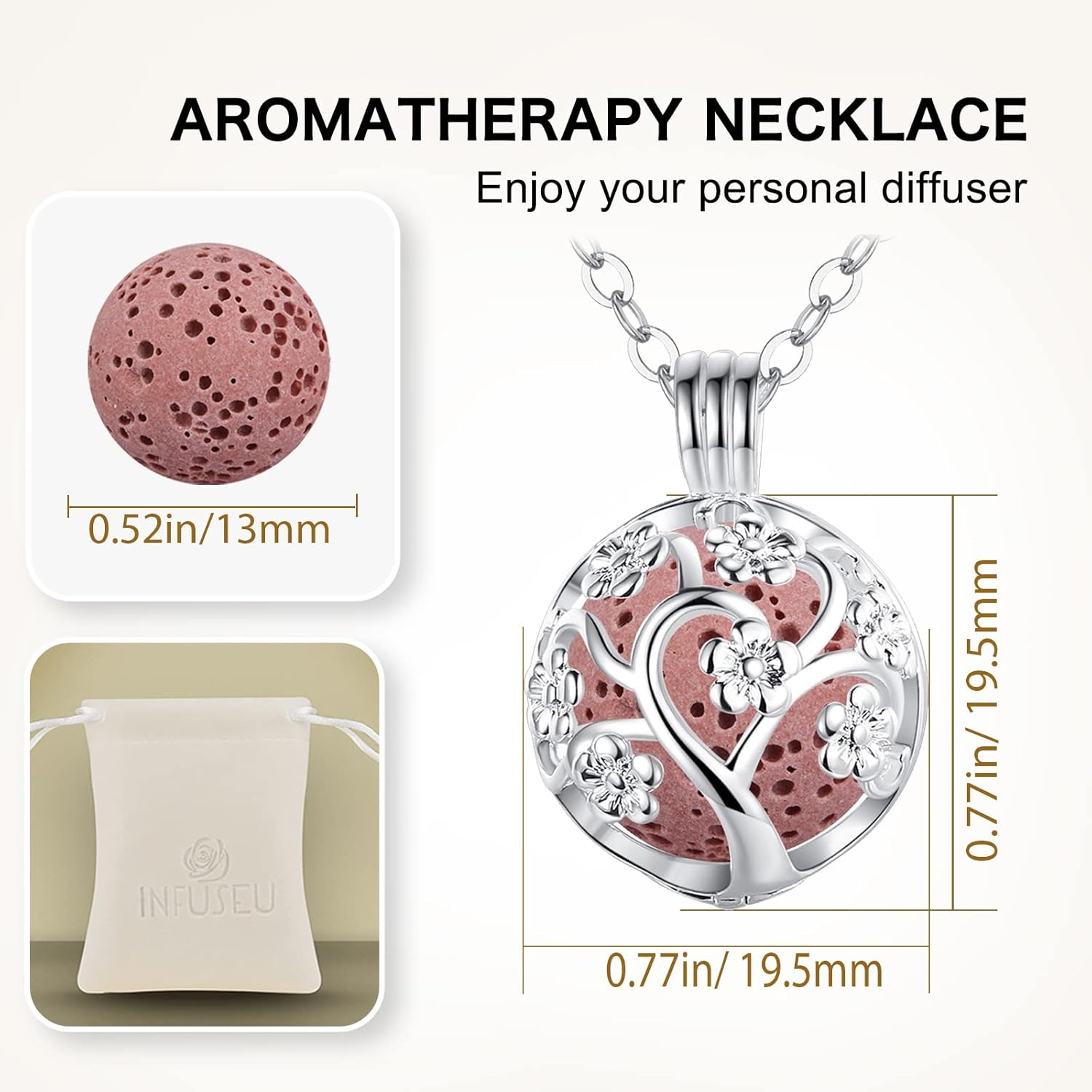INFUSEU Aromatherapy Necklace Lava Stone Rock Essential Oil Diffuser Locket Pendant Jewelry Set for Women - Image 6