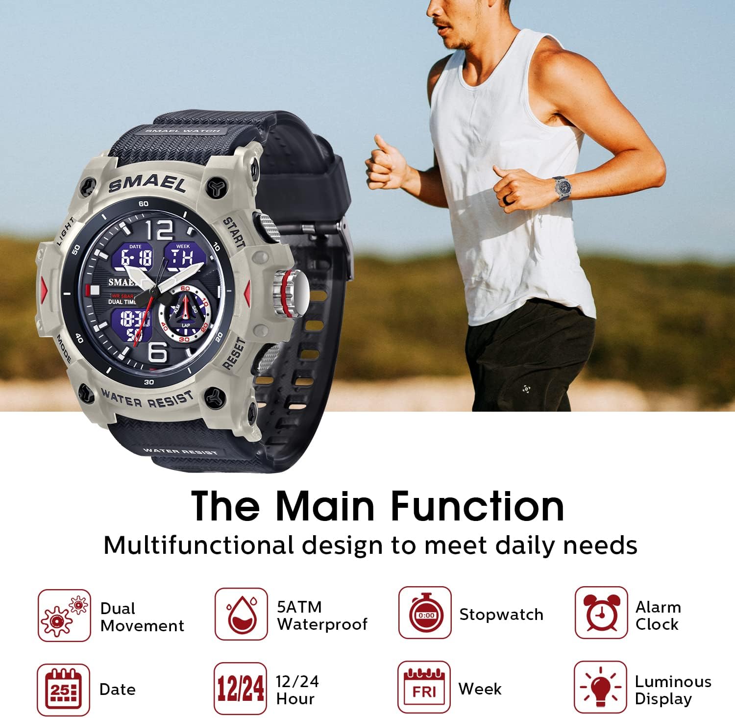 Mens Digital Watch, Sport Watches for Men Outdoor Military Digital Analog Stopwatch Waterproof Multifunctional Wrist Watch - Image 4