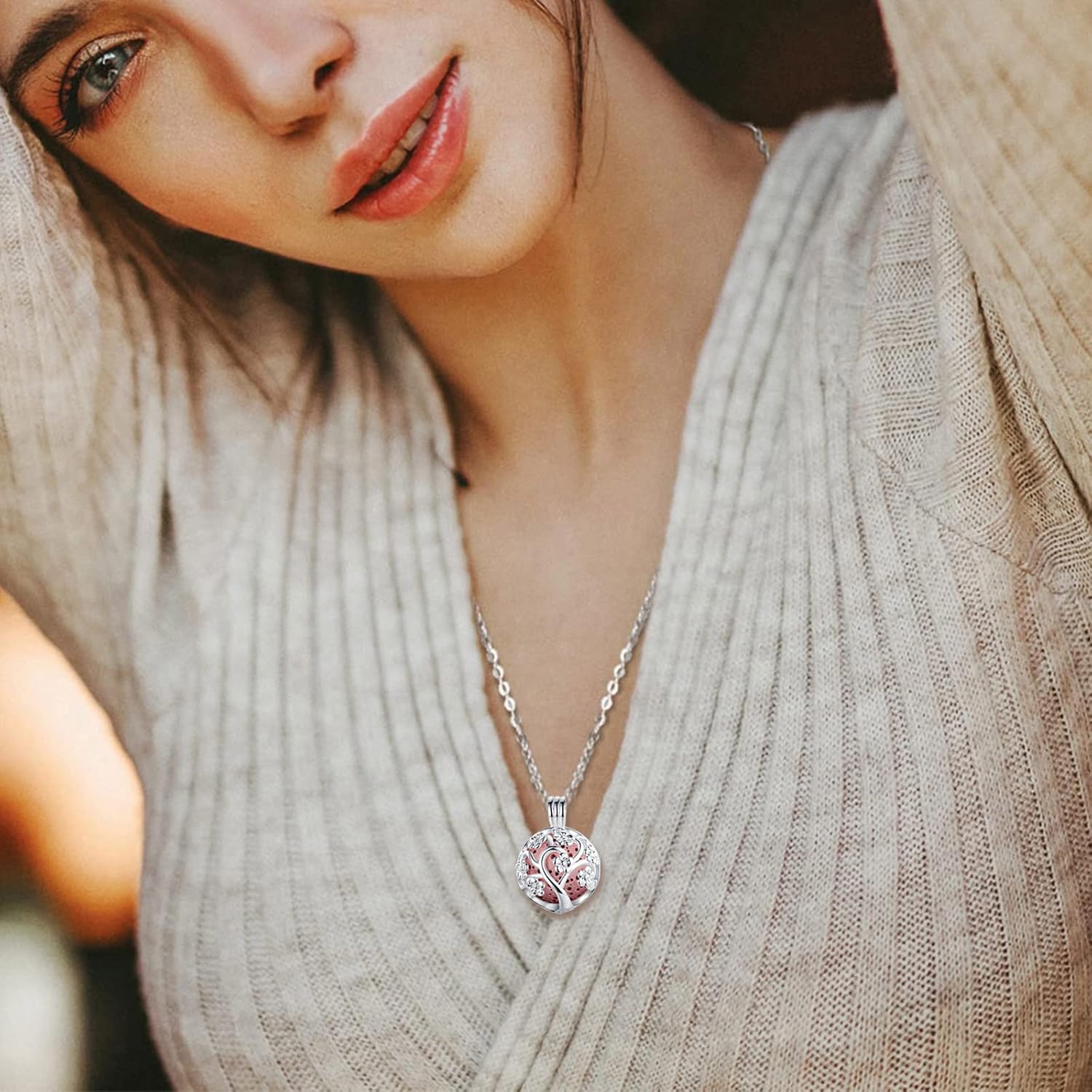 INFUSEU Aromatherapy Necklace Lava Stone Rock Essential Oil Diffuser Locket Pendant Jewelry Set for Women - Image 3