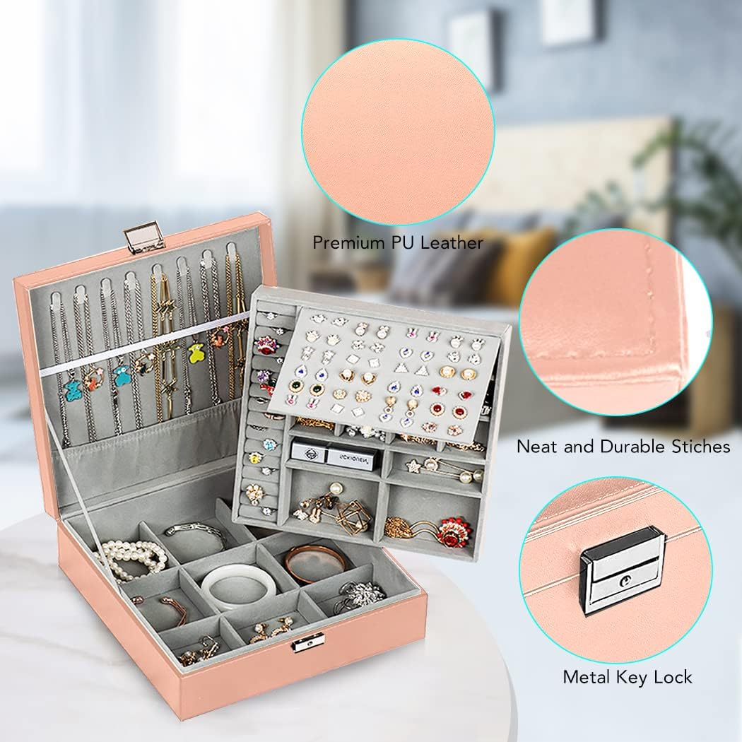 Pink Jewelry Organizer - 2 Layer - PU Leather Travel Jewelry Case with Lock, Elegant Jewelry Storage Box for Women & Girls - Image 3