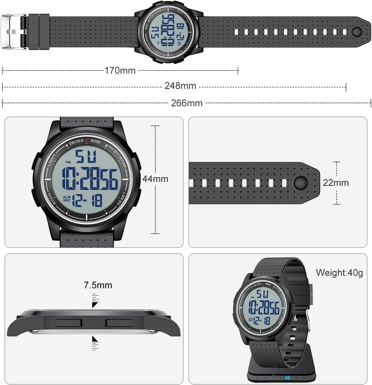 GOLDEN HOUR Ultra-Thin Minimalist Sports Waterproof Digital Watches Men with Wide-Angle Display Rubber Strap Wrist Watch for Men Women - Image 3