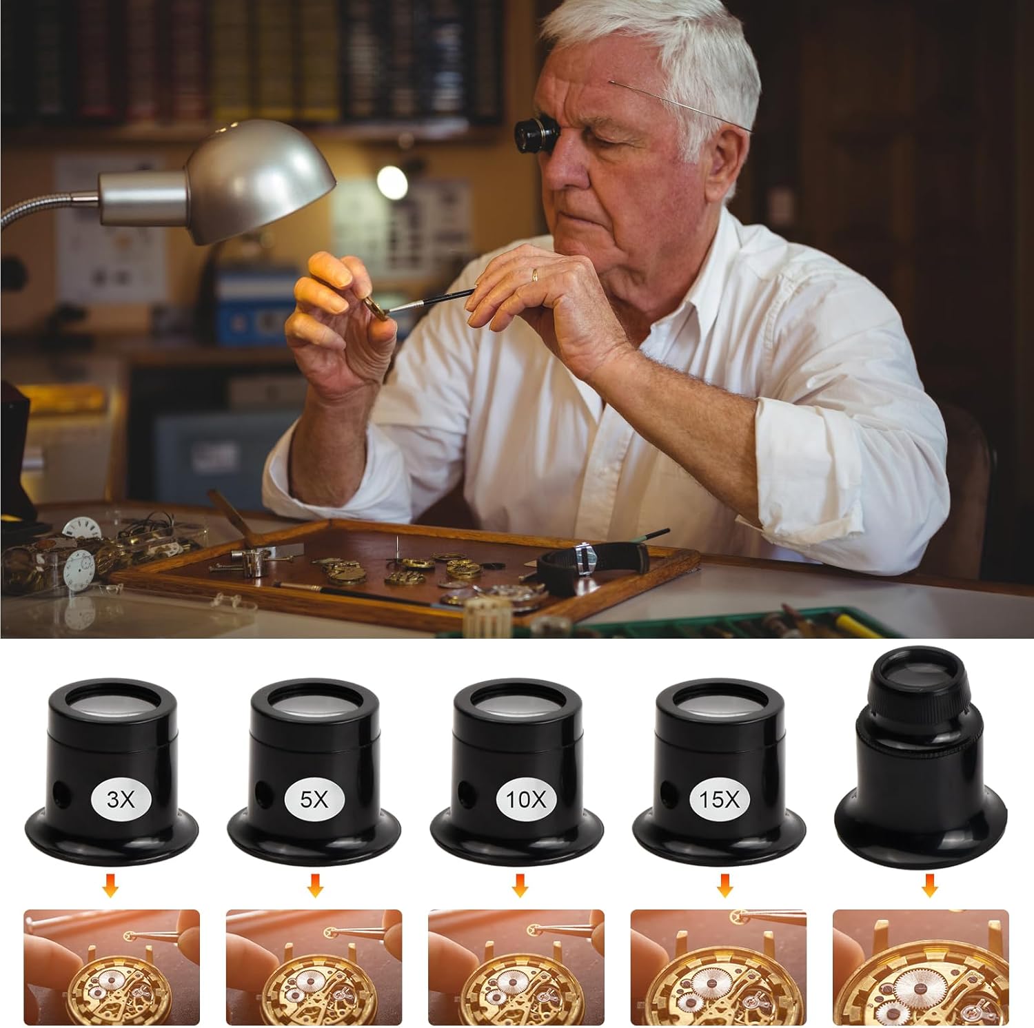 5 Pcs Magnifier Loupes with Headband Magnifier Wire, 3X 5X 10X 15X 20X Watch Repair Magnifiers Watchmaker's Magnifier Magnifying Glass for Watch Repair Jewellery Gemstones Coins Engraving - Image 3