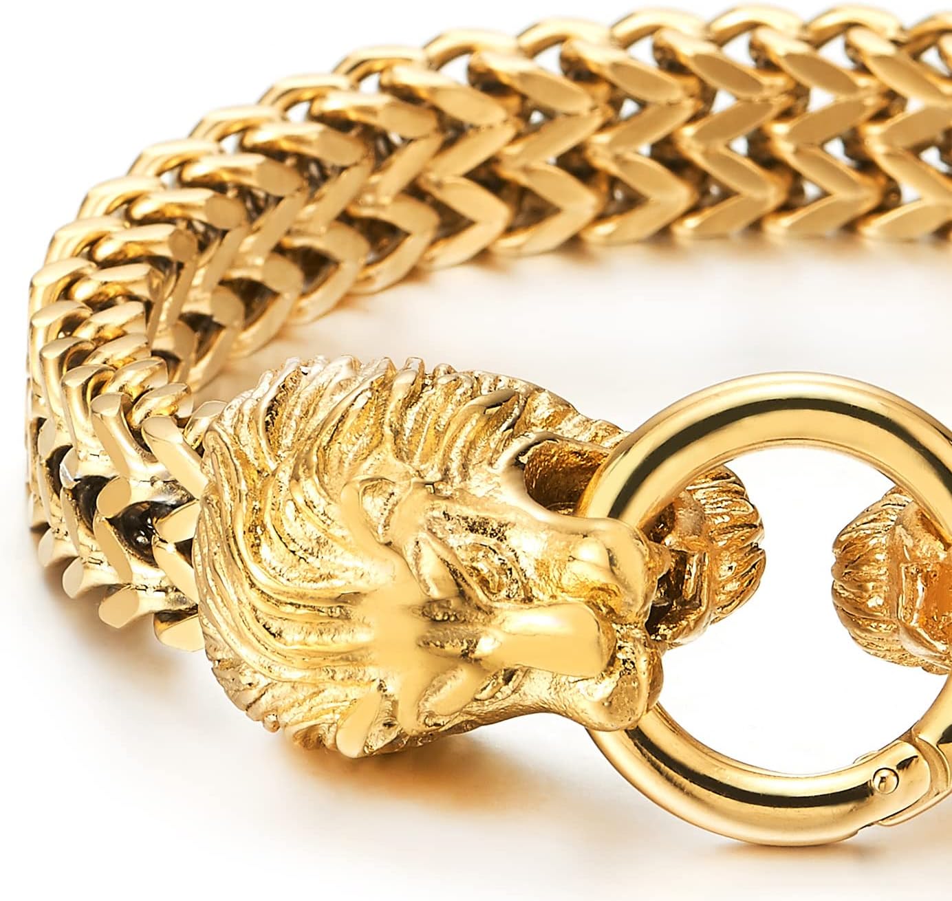 COOLSTEELANDBEYOND Vintage Biker Mens Steel King Lion Head Franco Box Link Chain Bracelet Spring Ring Clasp - Image 3