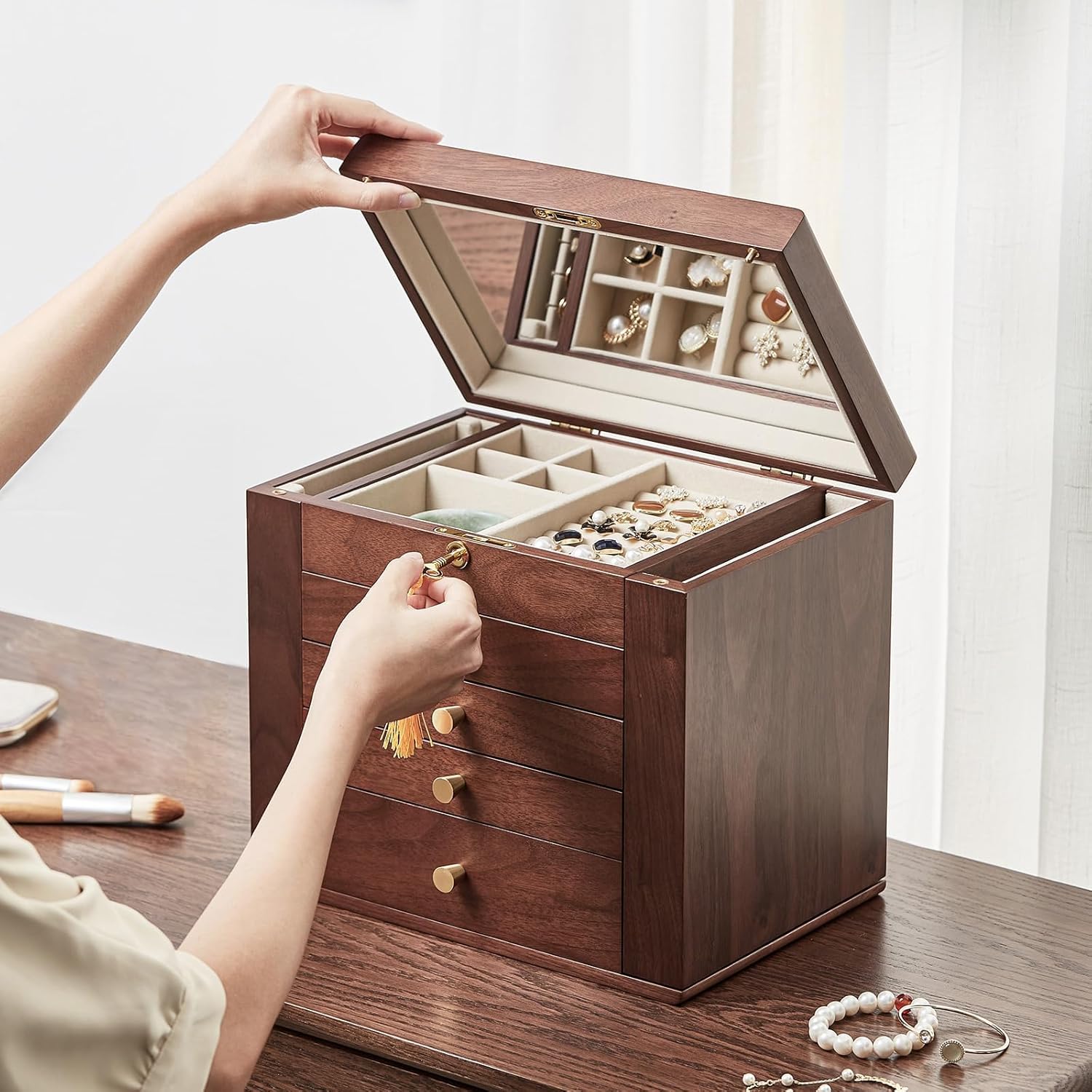 Black Walnut Wooden Jewelry Box, 5 Layer Wood Jewelry Organizer with 2 Side Doors Mirror Lockable Classical Style for Watch Necklace Ring Earring Storage Christmas Gifts For Women - Image 6