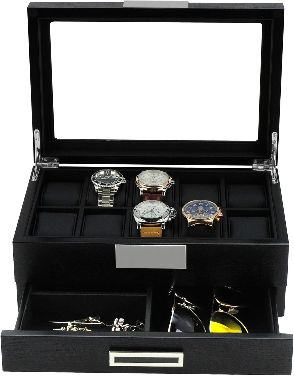 Black Wood Watch Storage Box with 10 Watch Slots & 1 Pull-Out Valet Drawer, Glass Lid Jewelry Organizer Case for watches, cufflinks, brooches, rings, tie clips, sunglasses and more - Image 5