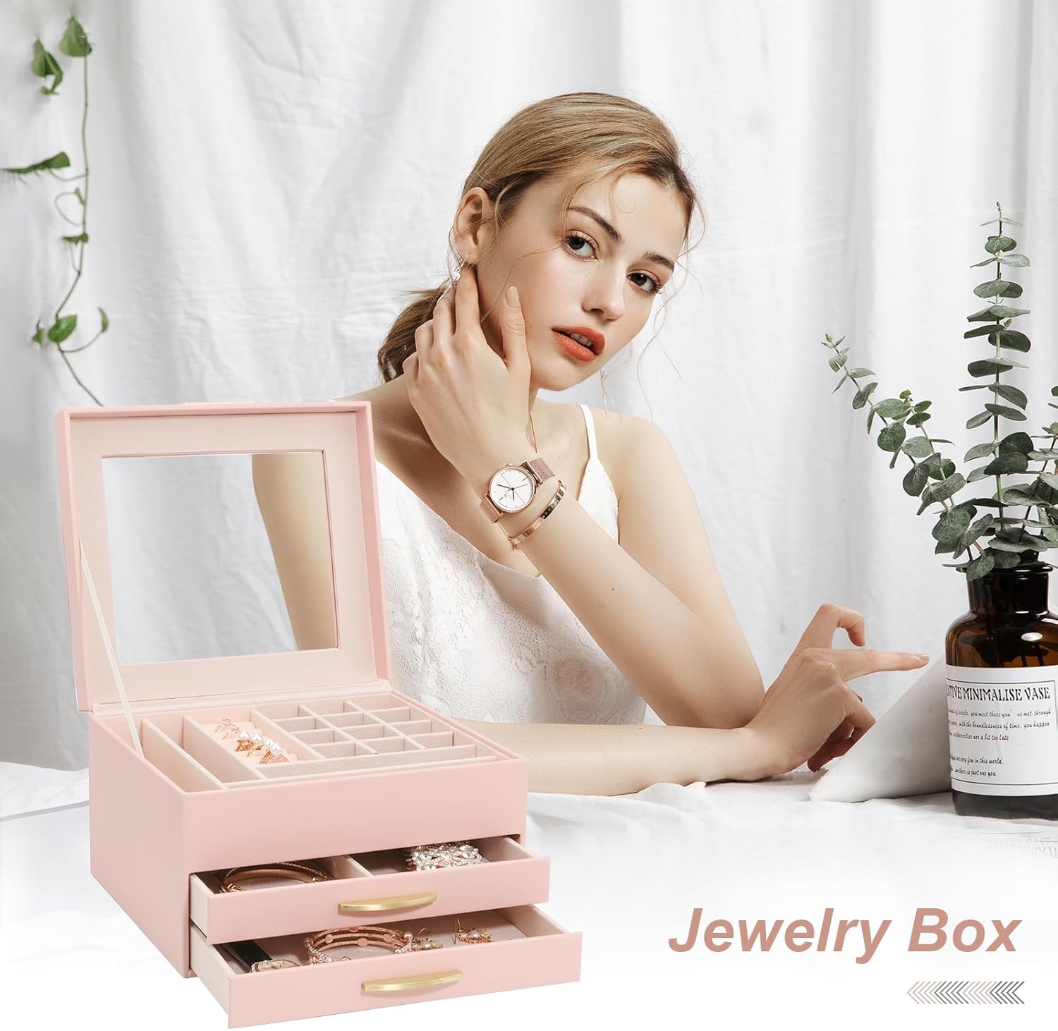 Jewelry Boxes for Women, Jewelry Box for Female Jewelry Organizer, Jewelry Set Box for Earrings Necklaces Rings Bracelets Watches, Glass Lid Pink - Image 3