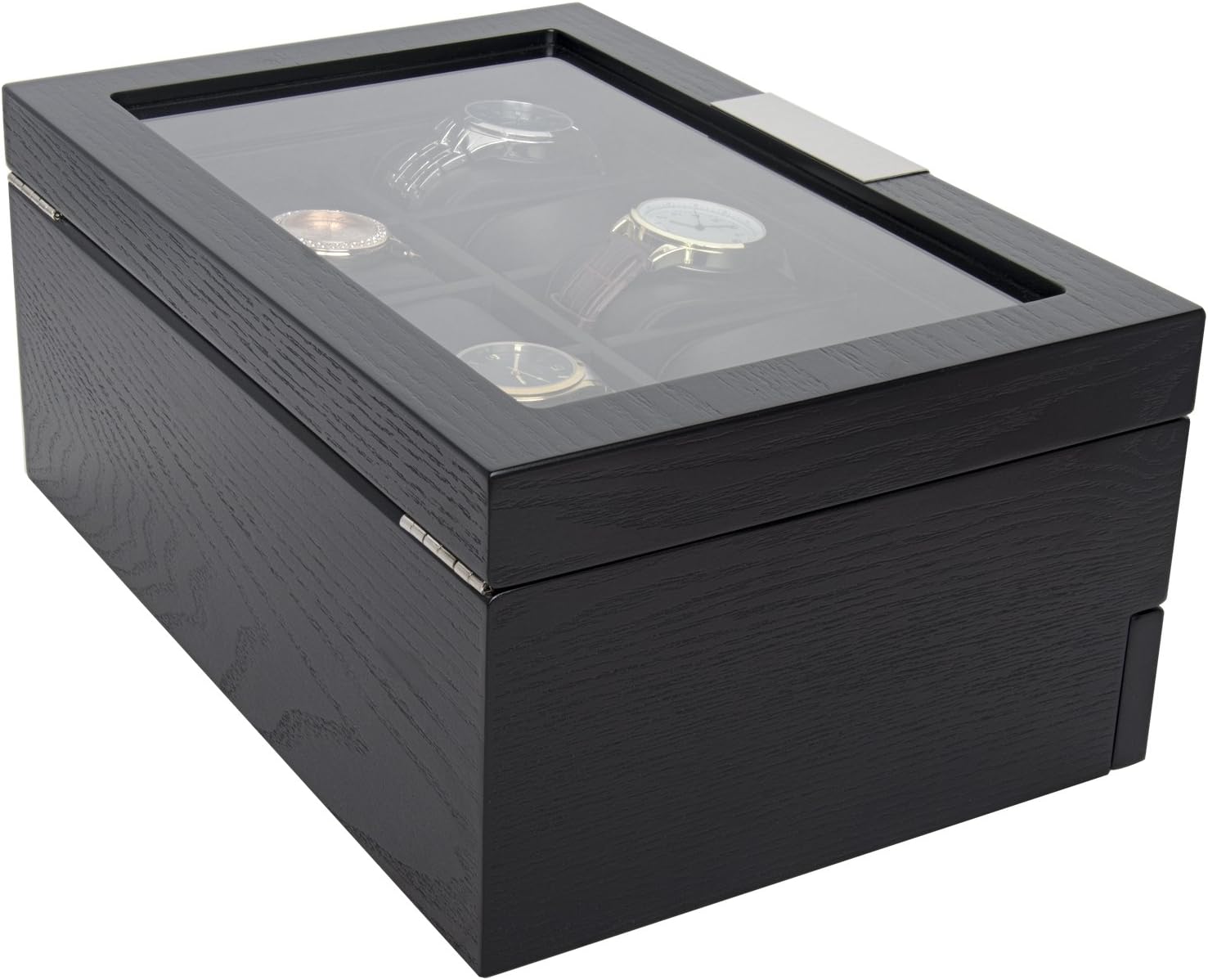 Black Wood Watch Storage Box with 10 Watch Slots & 1 Pull-Out Valet Drawer, Glass Lid Jewelry Organizer Case for watches, cufflinks, brooches, rings, tie clips, sunglasses and more - Image 9