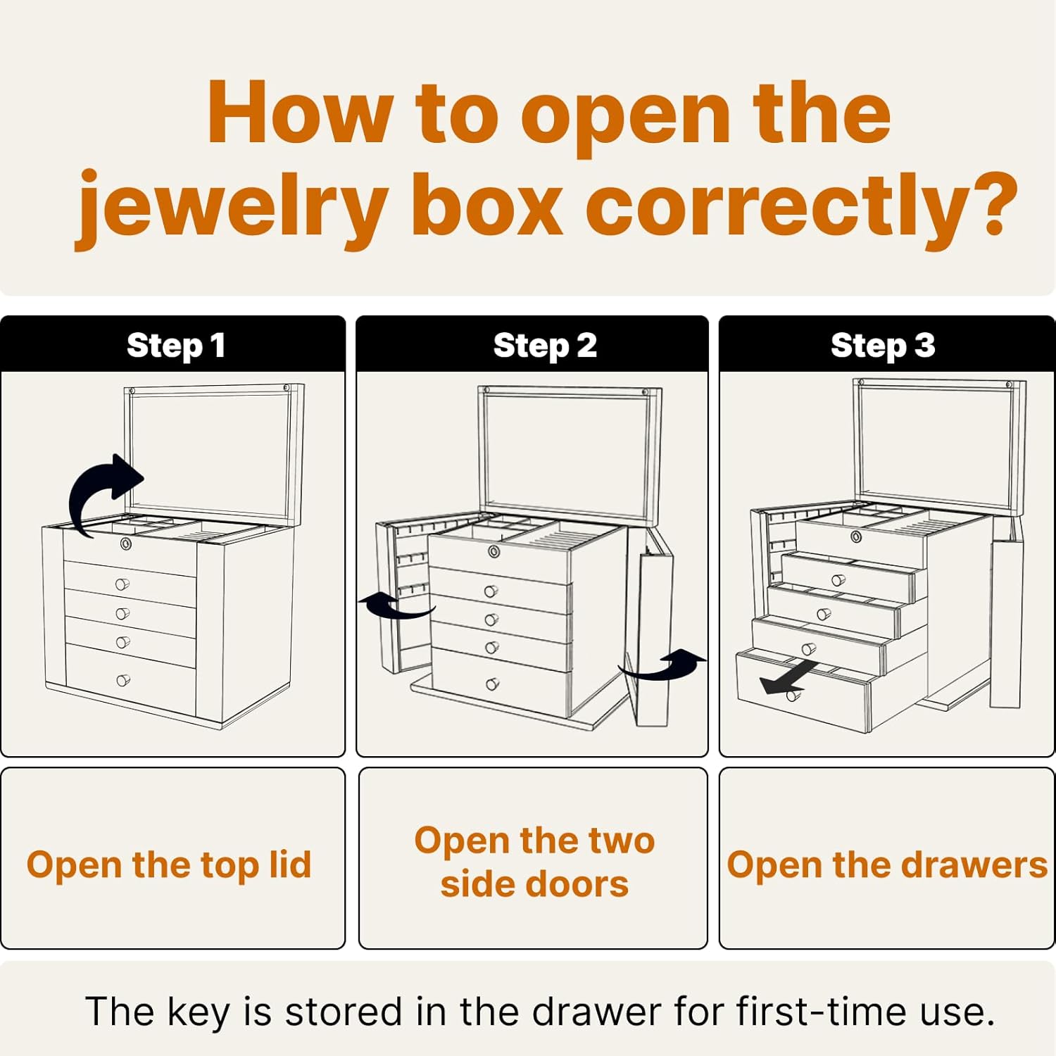 Black Walnut Wooden Jewelry Box, 5 Layer Wood Jewelry Organizer with 2 Side Doors Mirror Lockable Classical Style for Watch Necklace Ring Earring Storage Christmas Gifts For Women - Image 5