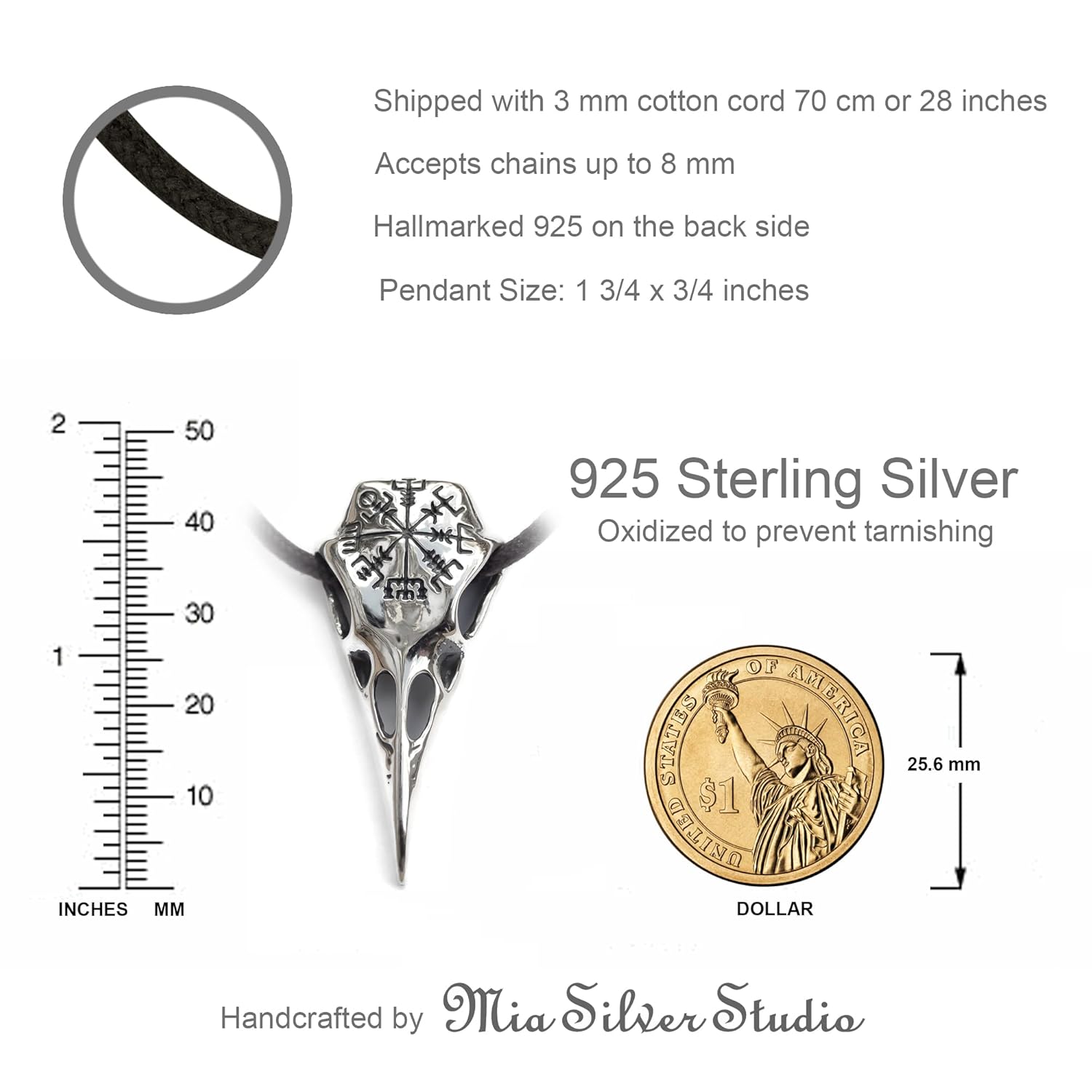 Raven Skull Necklace with Viking Compass Vegvisir Pendant Bird Crow Odin Norse Animal Ancient Protection Amulet Talisman Nordic Goth Jewelry for Men Women (925 Sterling Silver) - Image 5