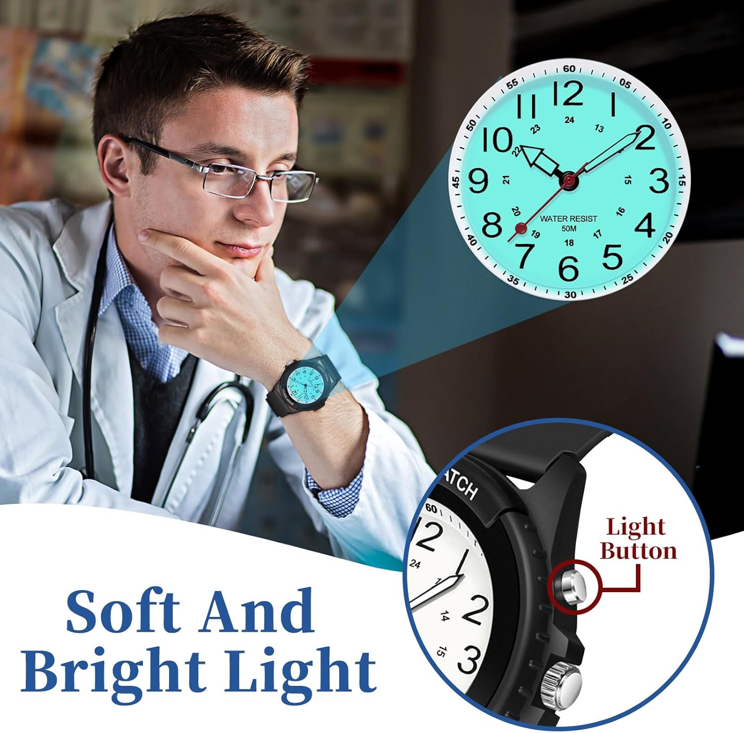 PROKING Waterproof Nurse Watch for Medical Professionals,Women Men, 24 Hour with Second Hand, Night Light, Military Time Easy to Read Dial, Soft and Breathable Silicone Band - Image 3