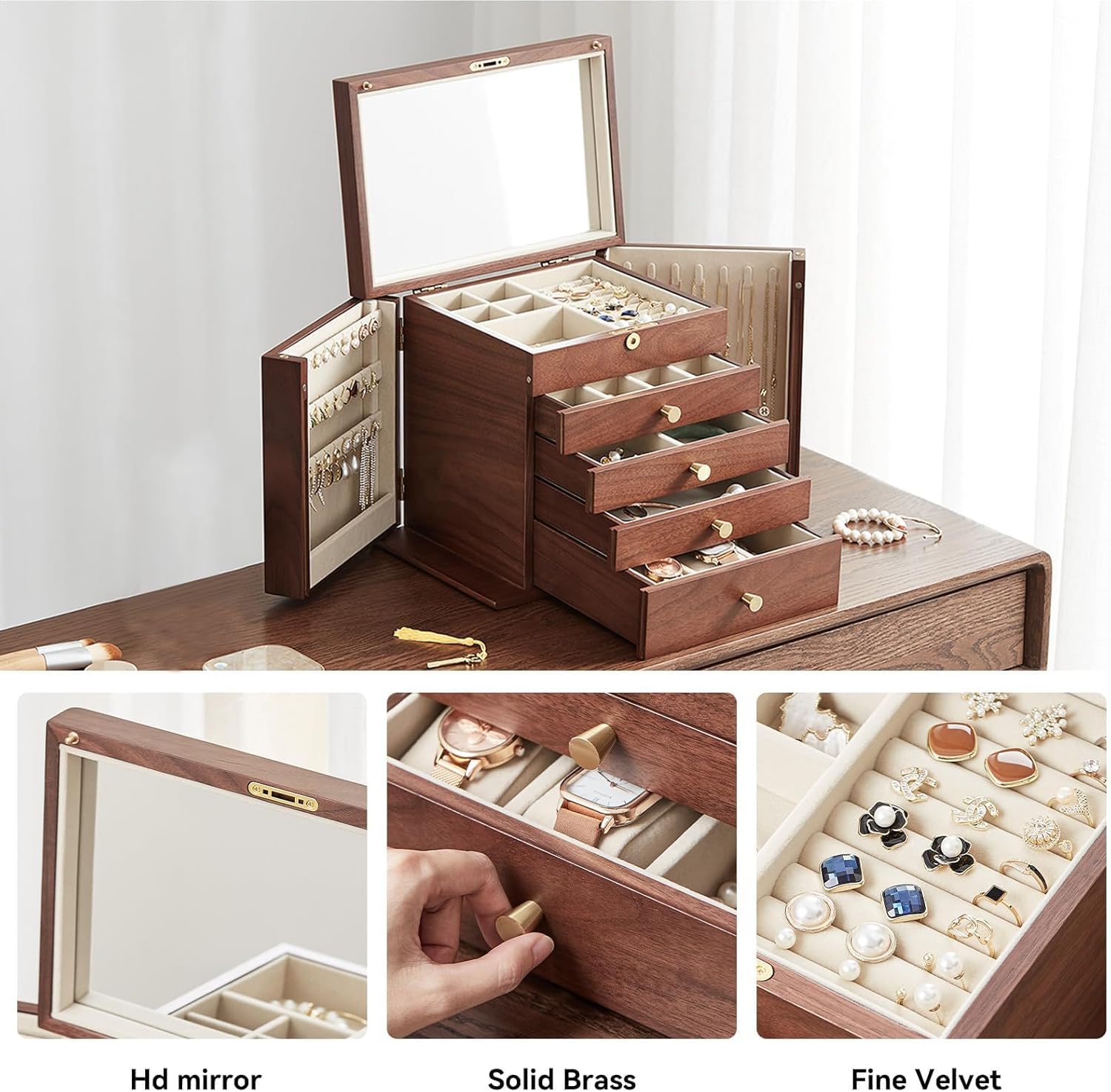 Black Walnut Wooden Jewelry Box, 5 Layer Wood Jewelry Organizer with 2 Side Doors Mirror Lockable Classical Style for Watch Necklace Ring Earring Storage Christmas Gifts For Women - Image 3