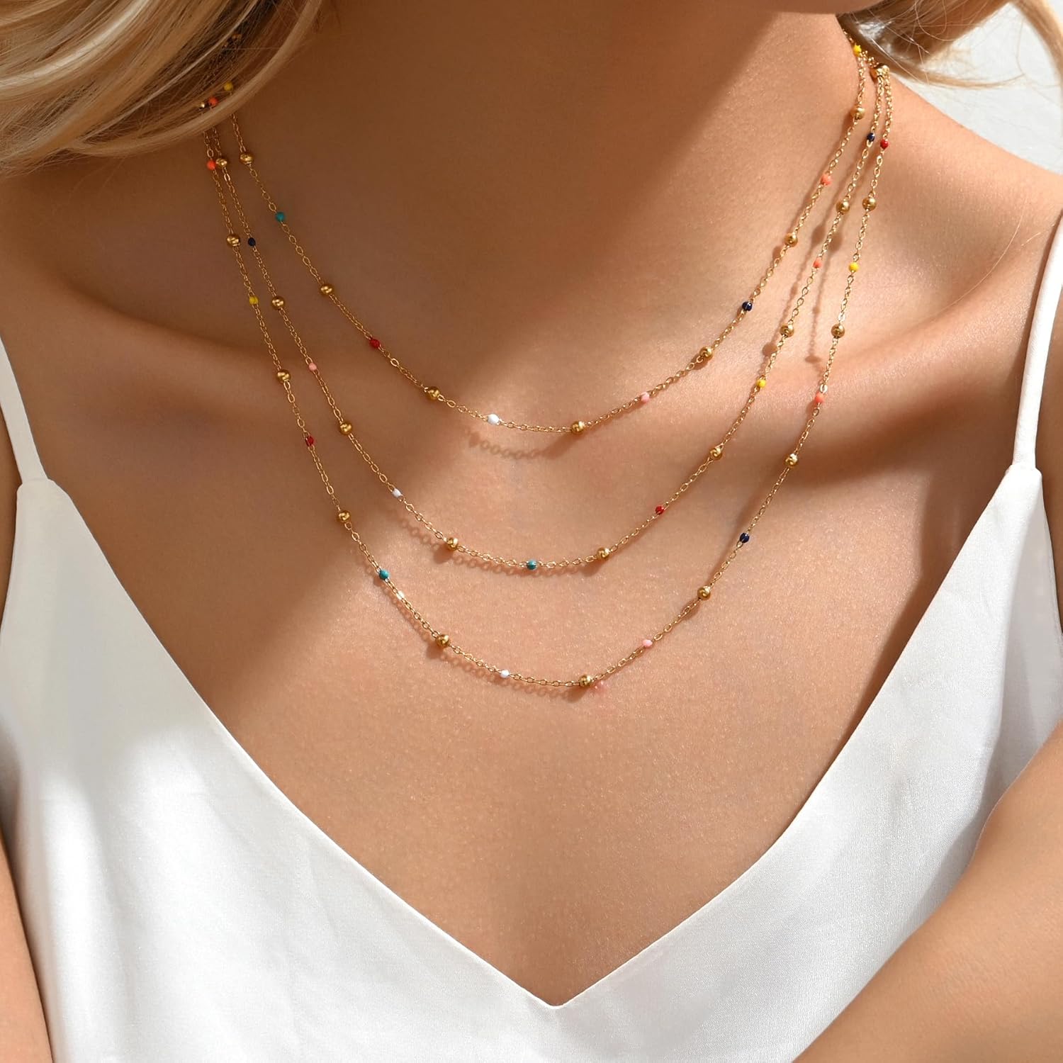 18K Gold Plated Layered Herringbone Necklaces for Women Dainty Layering Beaded Snake Chain Choker Trendy Stainless Steel Jewelry - Image 2