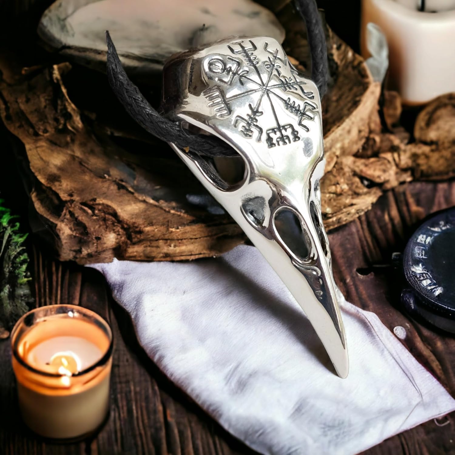 Raven Skull Necklace with Viking Compass Vegvisir Pendant Bird Crow Odin Norse Animal Ancient Protection Amulet Talisman Nordic Goth Jewelry for Men Women (925 Sterling Silver) - Image 2