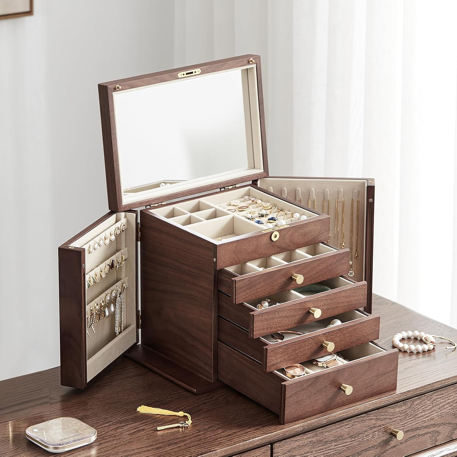 Black Walnut Wooden Jewelry Box, 5 Layer Wood Jewelry Organizer with 2 Side Doors Mirror Lockable Classical Style for Watch Necklace Ring Earring Storage Christmas Gifts For Women - Image 2