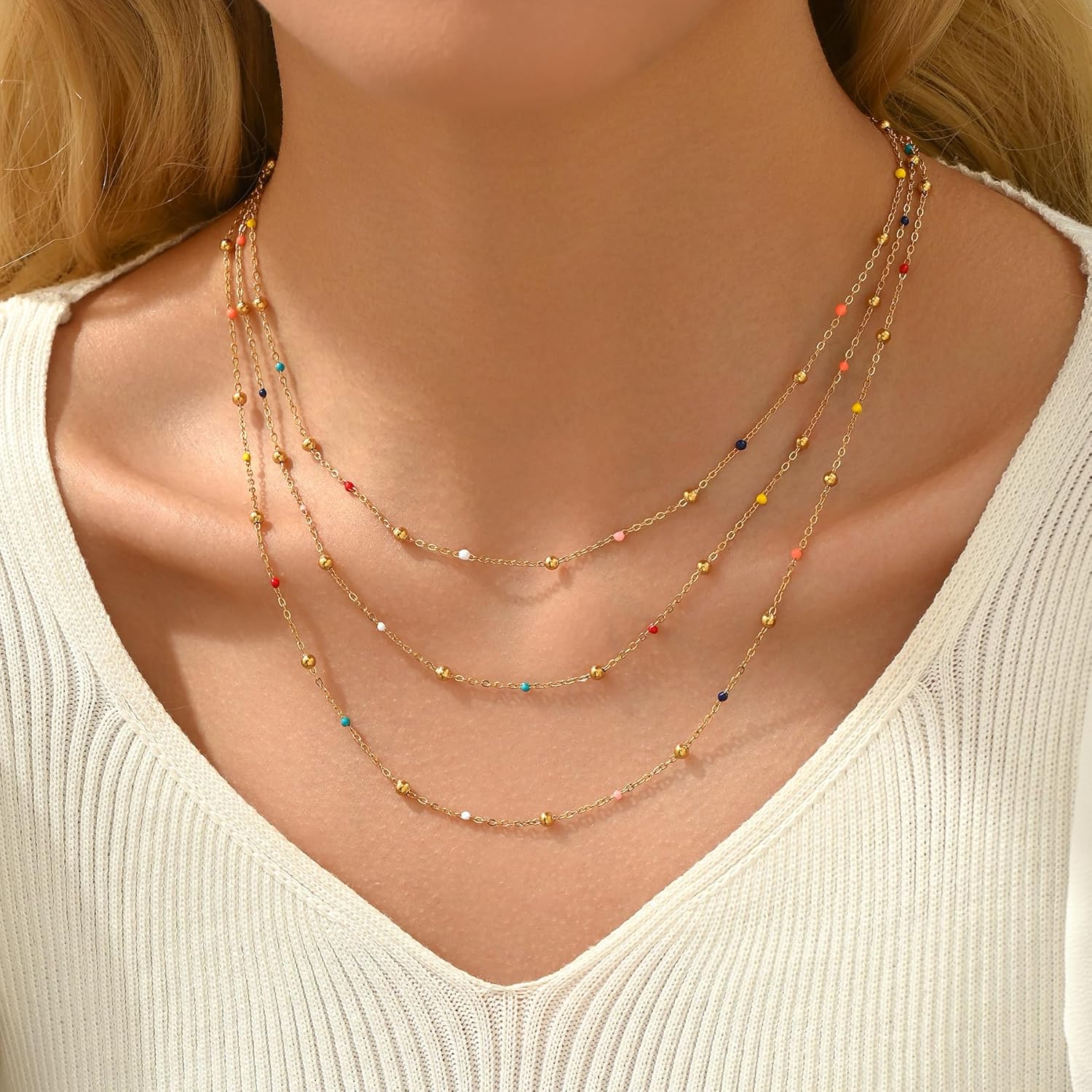 18K Gold Plated Layered Herringbone Necklaces for Women Dainty Layering Beaded Snake Chain Choker Trendy Stainless Steel Jewelry - Image 4