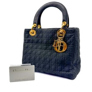 Christian Dior Lady dior Cannage Hand Bag Tote Purse Nylon Black Gold Charm Auth