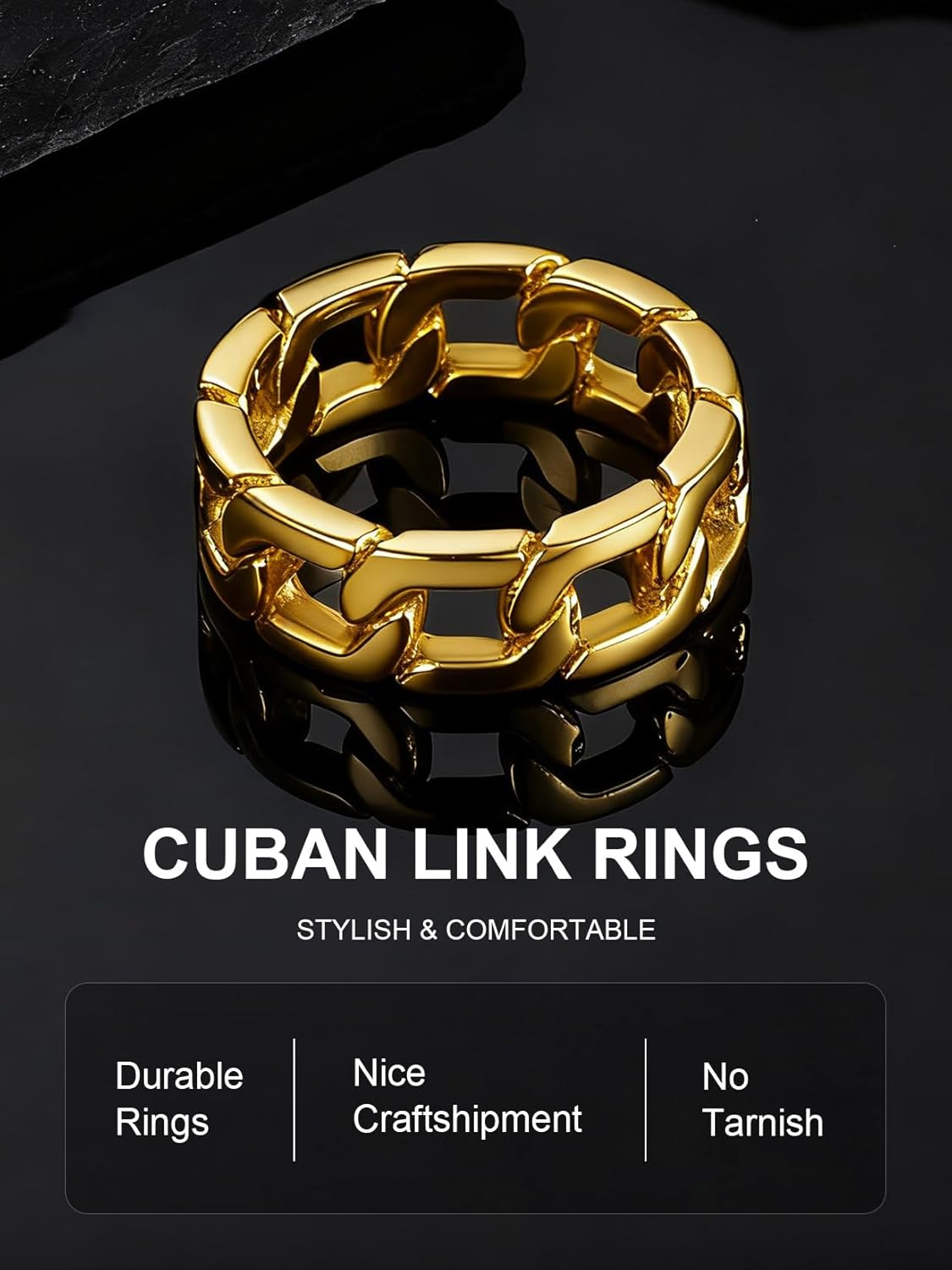 ChainsPro Sturdy Cuban Link/Spinner Rings for Men/Women, Size 06-12, 18K Gold Tone/316L Stainless Steel/Black (Send Gift Box) - Image 4