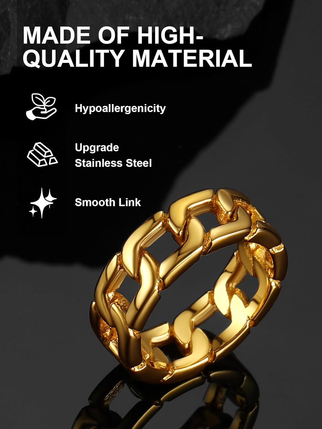 ChainsPro Sturdy Cuban Link/Spinner Rings for Men/Women, Size 06-12, 18K Gold Tone/316L Stainless Steel/Black (Send Gift Box) - Image 5