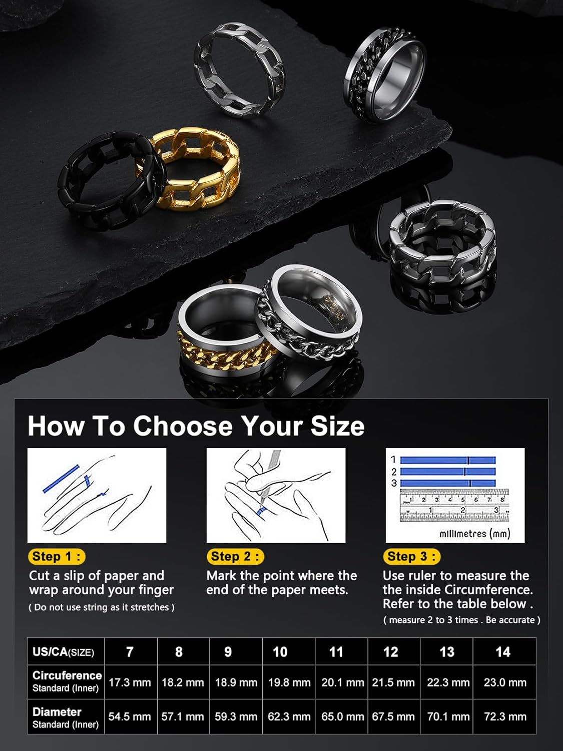 ChainsPro Sturdy Cuban Link/Spinner Rings for Men/Women, Size 06-12, 18K Gold Tone/316L Stainless Steel/Black (Send Gift Box) - Image 6