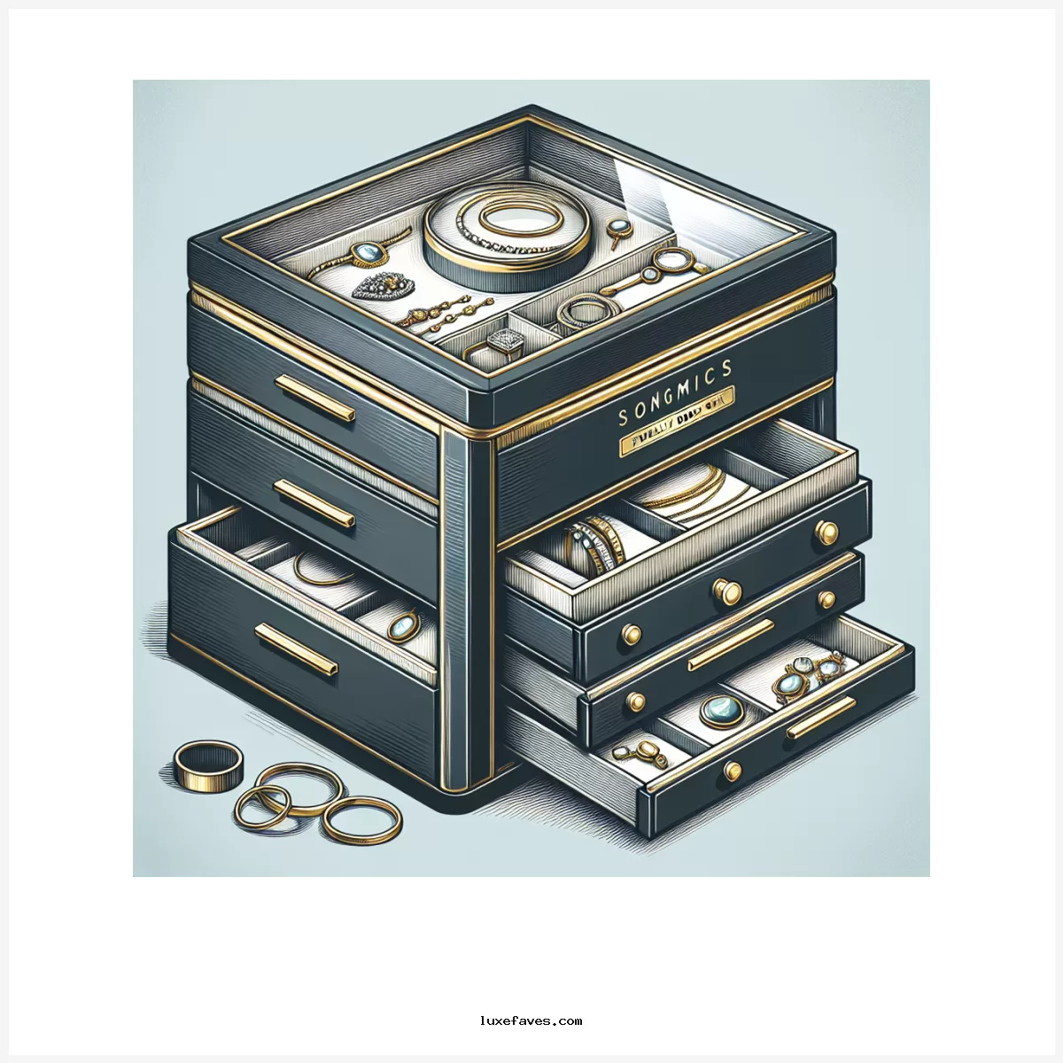 SONGMICS Jewelry Box Organizer with Glass Lid, 4-Layer Jewelry Storage, with 3 Drawers, Modern Style, 20.3 x 23.1 x 16.5 cm, Graphite Black and Gold Color UJBC173B01