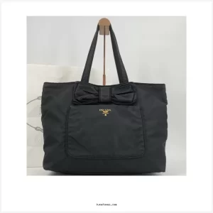 PRADA Ribbon Fiocco Tote Bag Shoulder Crossbody Tessuto Nylon Gold Logo Black