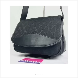 GUCCI GG Canvas Crossbody Shoulder Bag Black Leather Vintage Made In Italy
