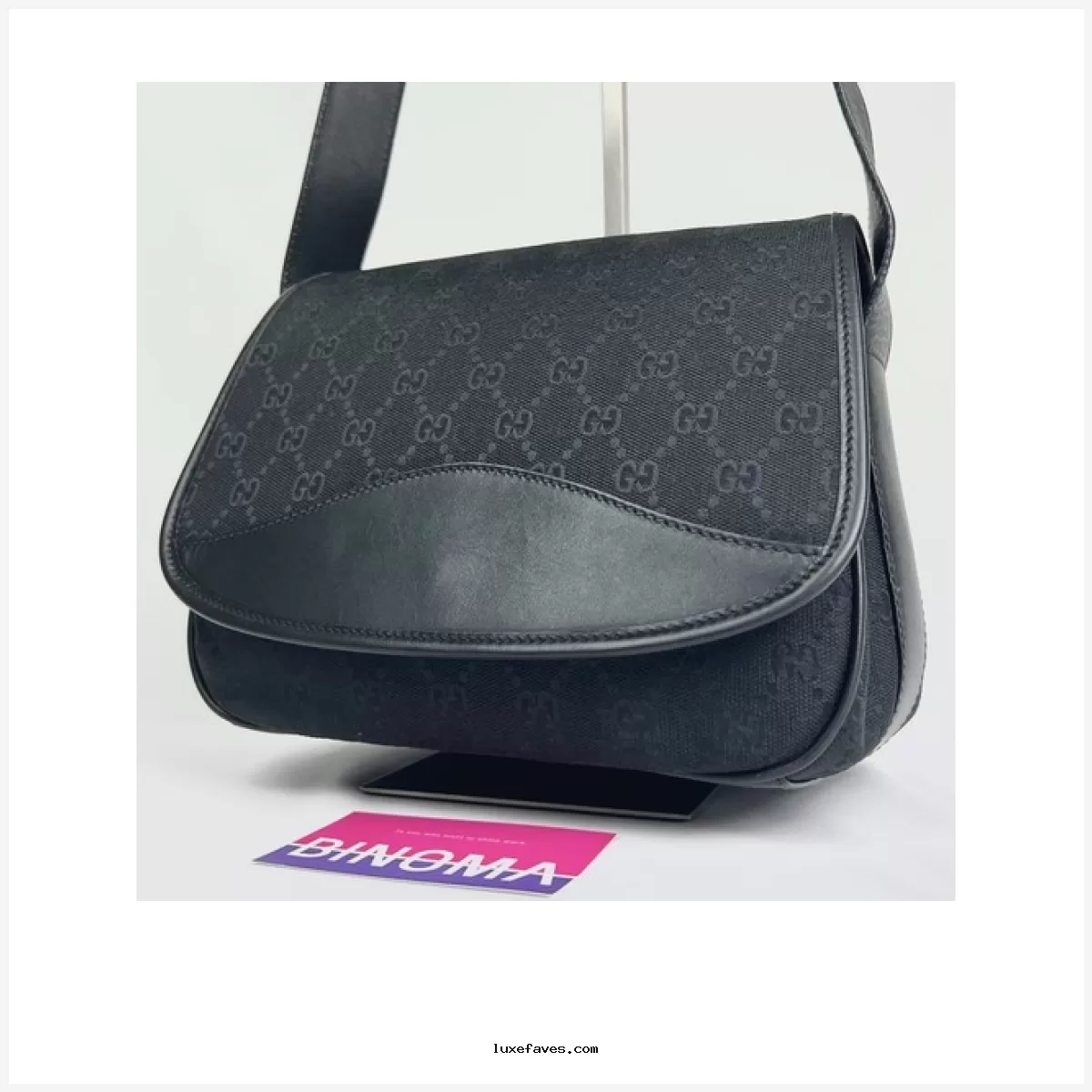 GUCCI GG Canvas Crossbody Shoulder Bag Black Leather Vintage Made In Italy