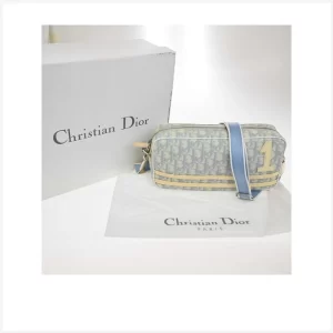 CHRISTIAN DIOR Logo Trotter Shoulder Bag PVC Canvas Leather Sky Blue SHW 87TA381