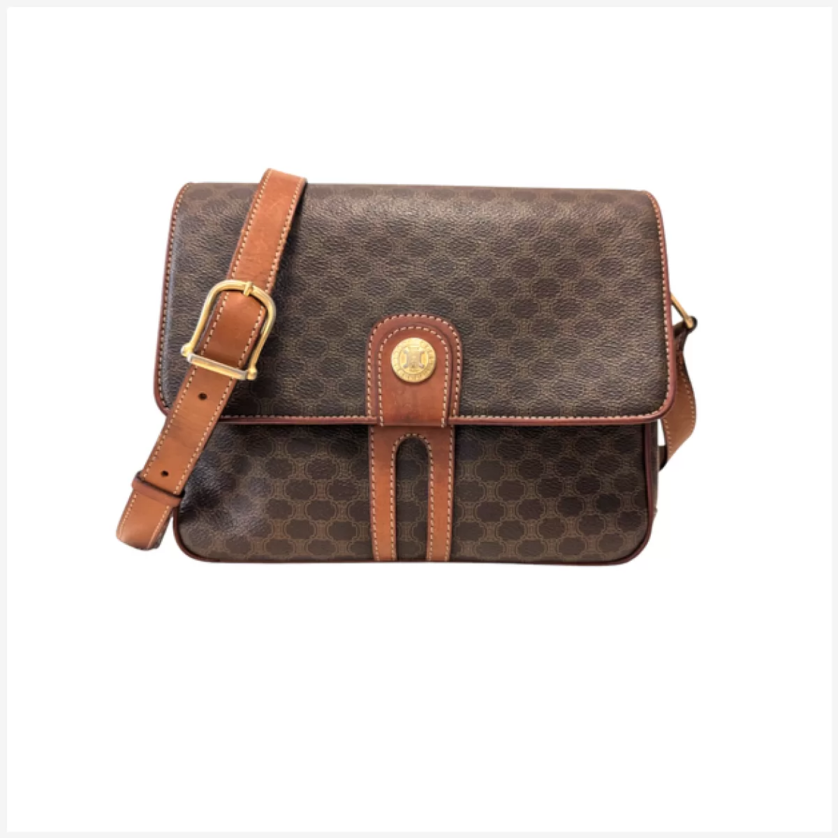 CELINE Shoulder Bag Macadam Purse PVC Leather Brown Vintage