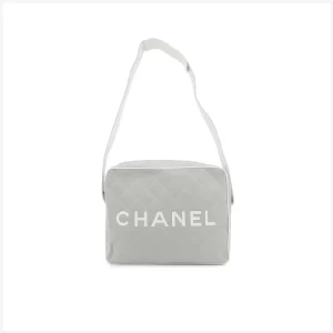 CHANEL Sports Line COCO Mark Canvas Leather Shoulder Bag Gray White Used F/S