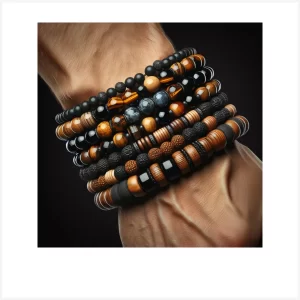 Multi Layered Beaded Bracelets for Men Black Brown Mens Tiger Eye Bracelet Set of 5 PC Layering Natural Stone Crystal Bracelets Lava Wood Beads Bracelet Wristband Men’s Bracelets Jewelry Accessories
