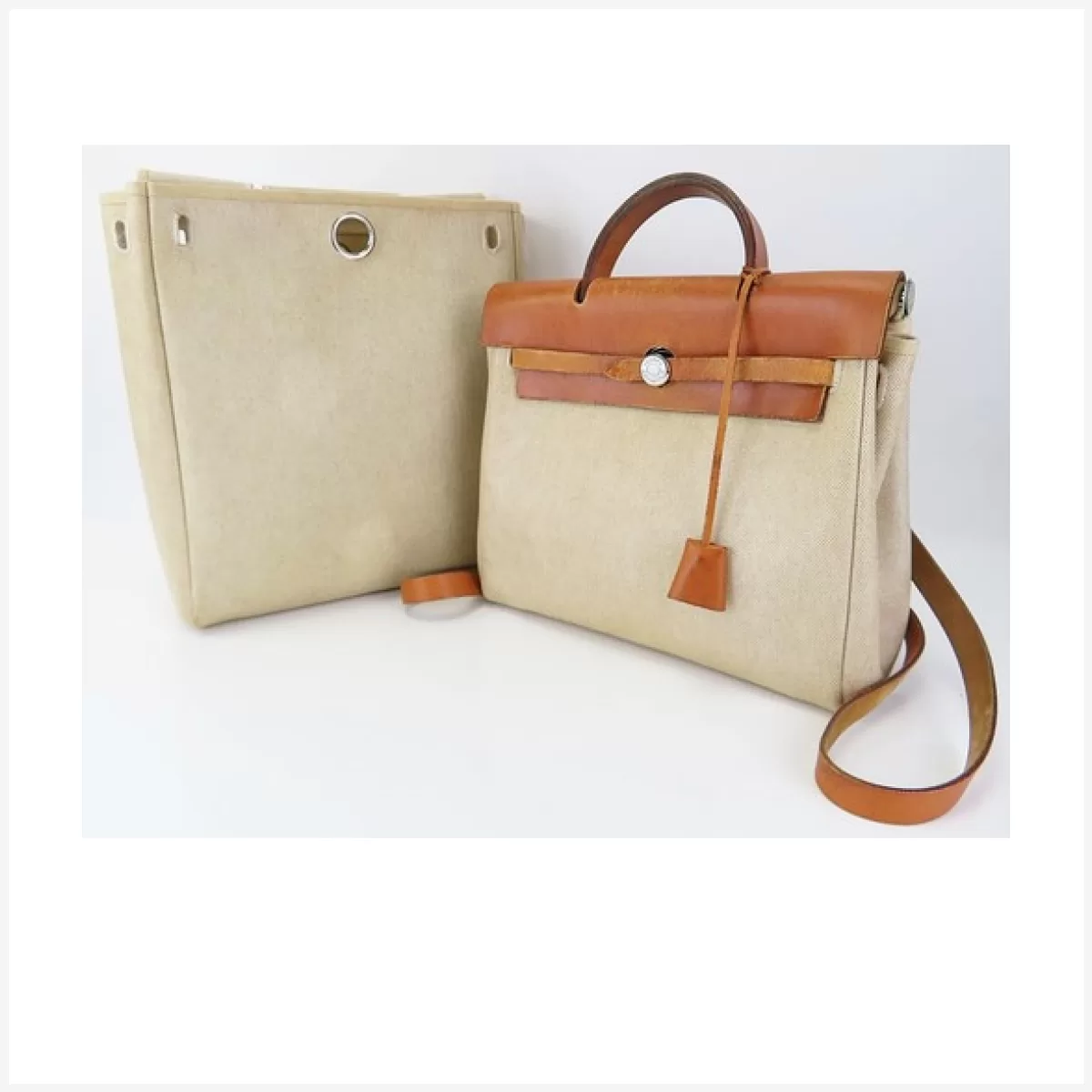Auth HERMES Her Bag 2 in 1 Beige Canvas and Leather Backpack Hand Bag #49736